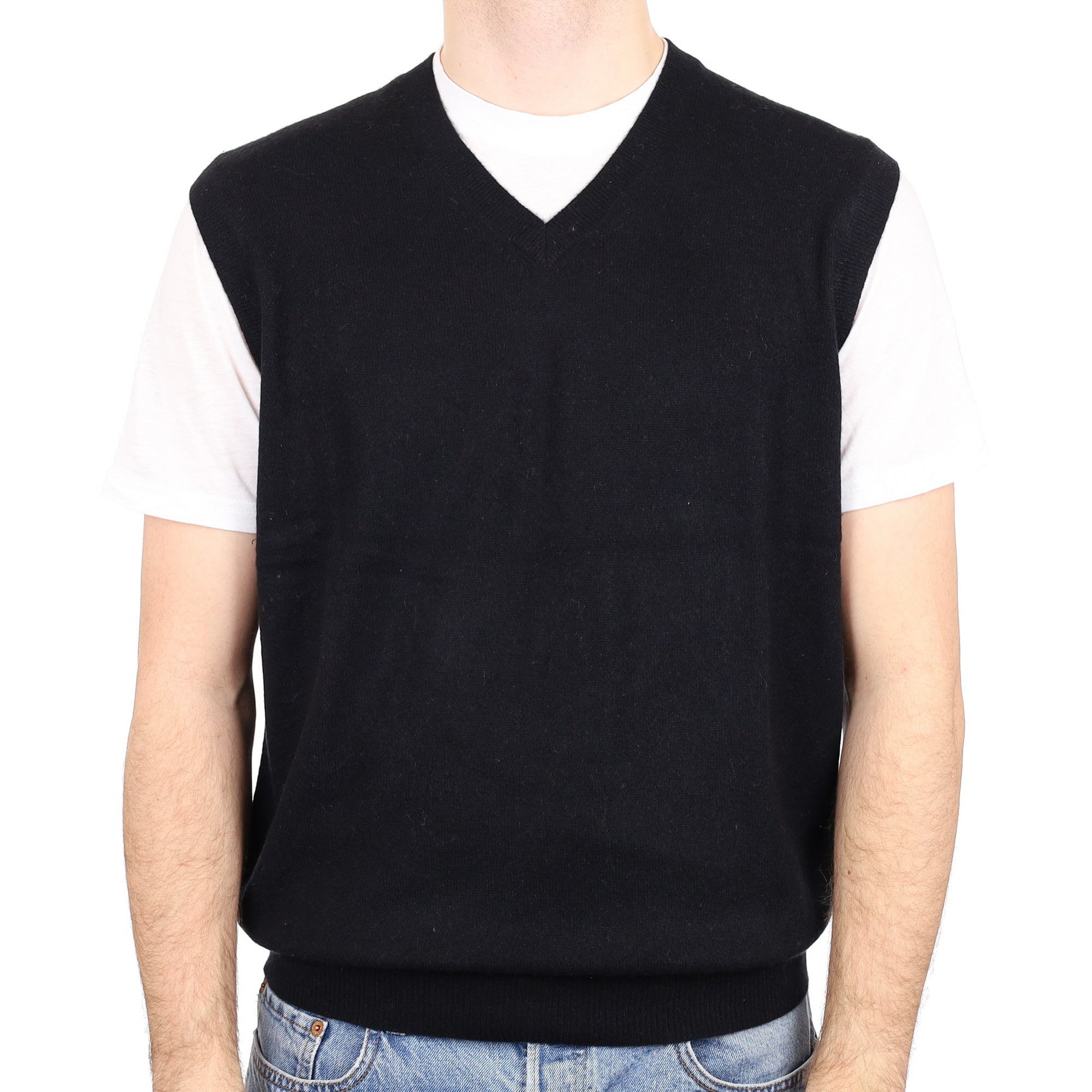 Men's Black Cashmere V Neck Tank Top Large