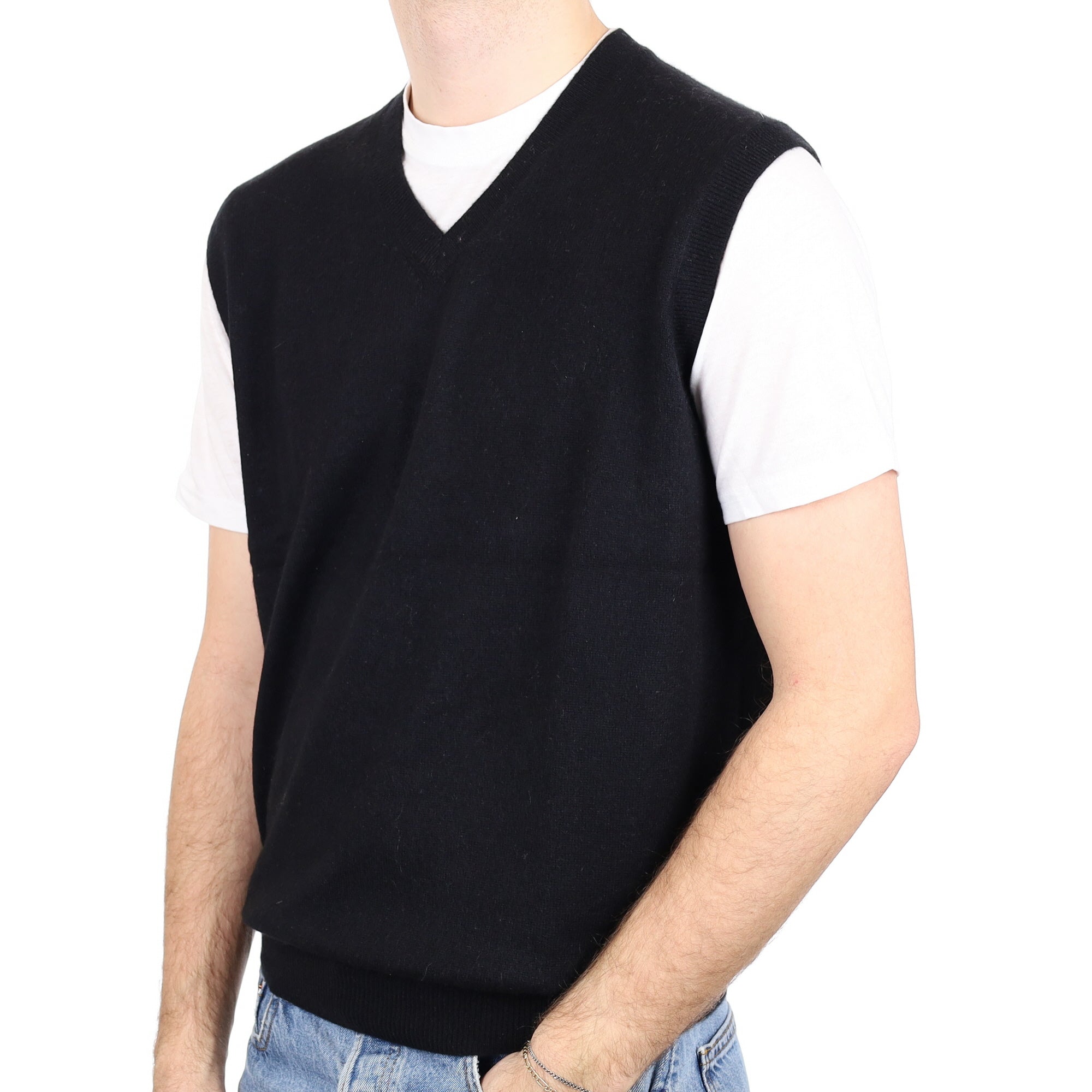 Men's Black Cashmere V Neck Tank Top Large