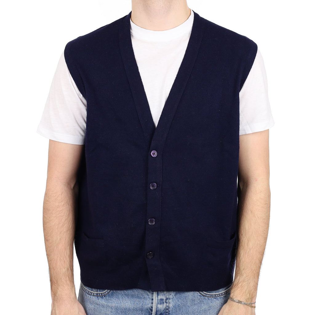 Men's Navy Cashmere V Neck Sleeveless Cardigan with Pockets Large