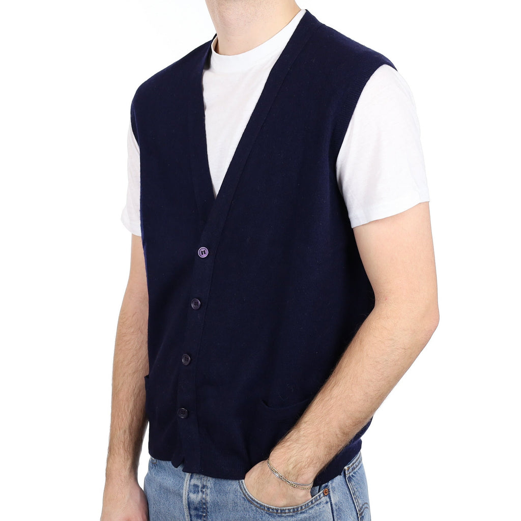 Men's Navy Cashmere V Neck Sleeveless Cardigan with Pockets Large