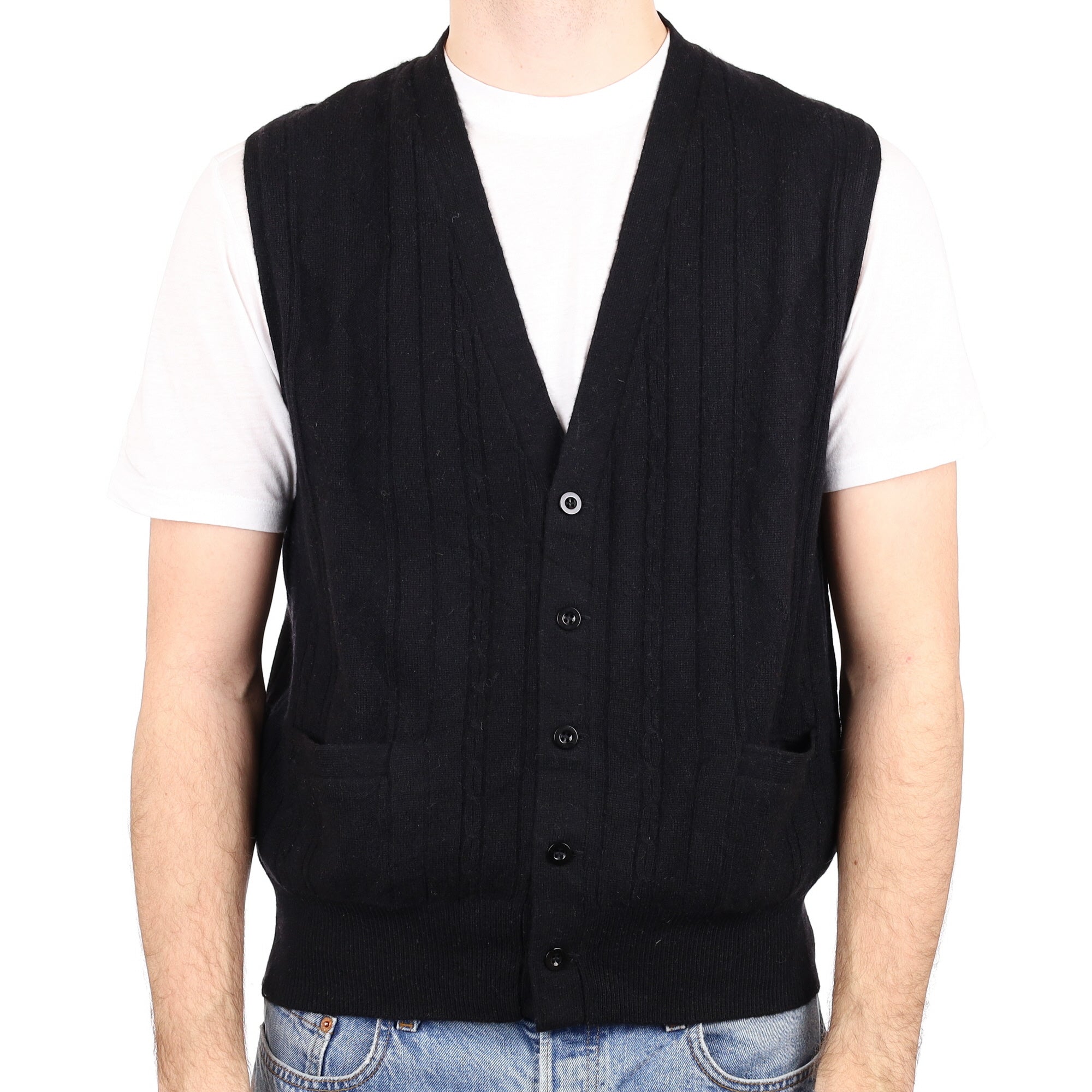 Men's Black Rib Cashmere V Neck Sleeveless Cardigan with Pockets Large