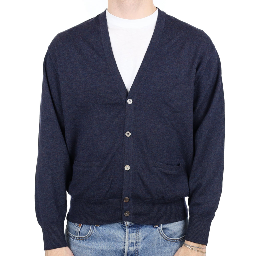 Men's Naval Blue Marl Cashmere V Neck Cardigan with Pockets Large