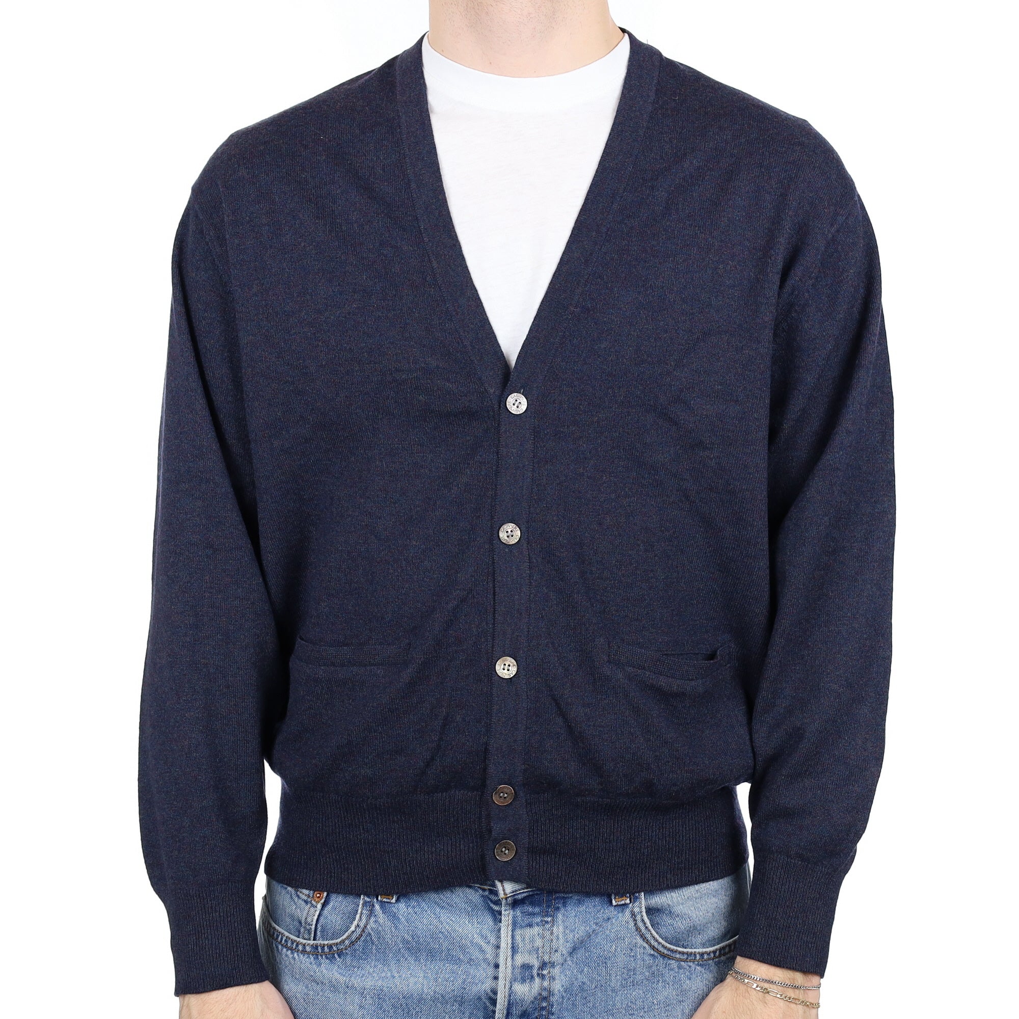 Men's Naval Blue Marl Cashmere V Neck Cardigan with Pockets Large