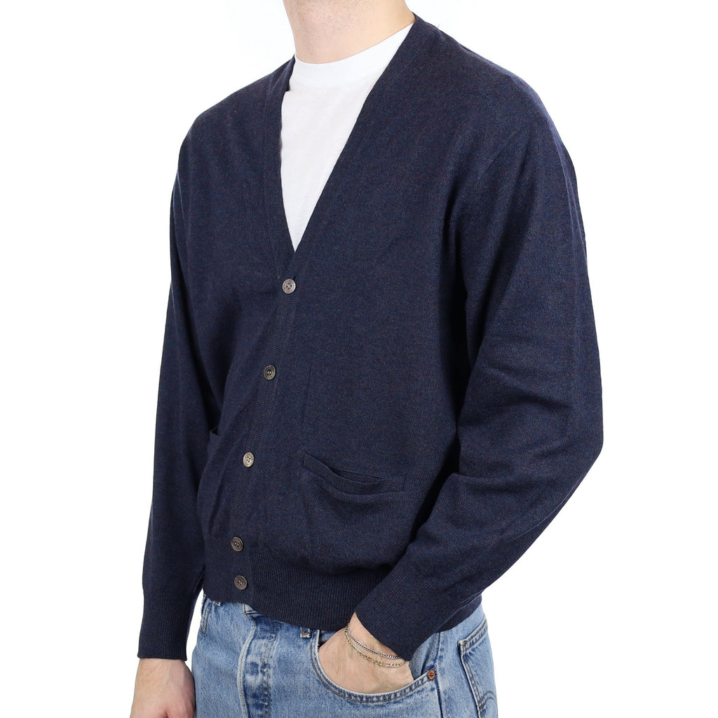 Men's Naval Blue Marl Cashmere V Neck Cardigan with Pockets Large