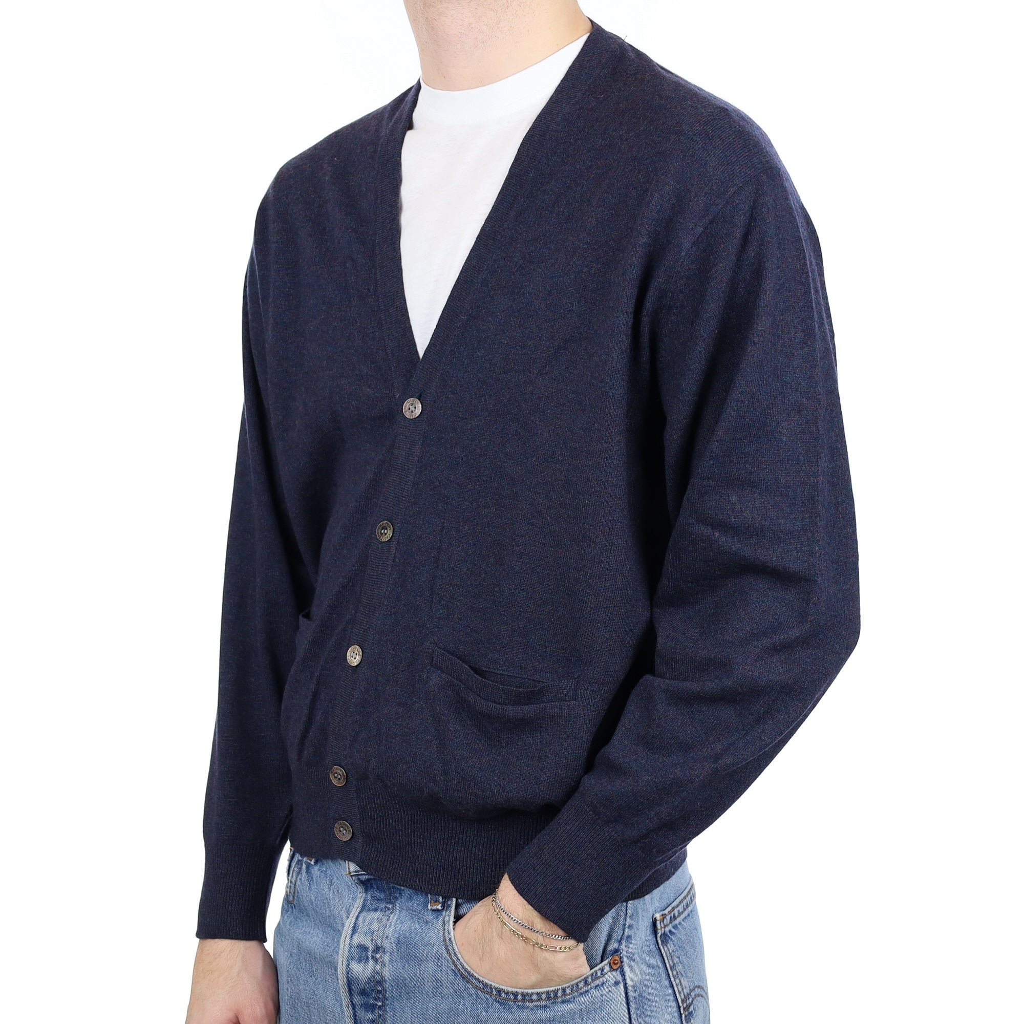 Men's Naval Blue Marl Cashmere V Neck Cardigan with Pockets Large