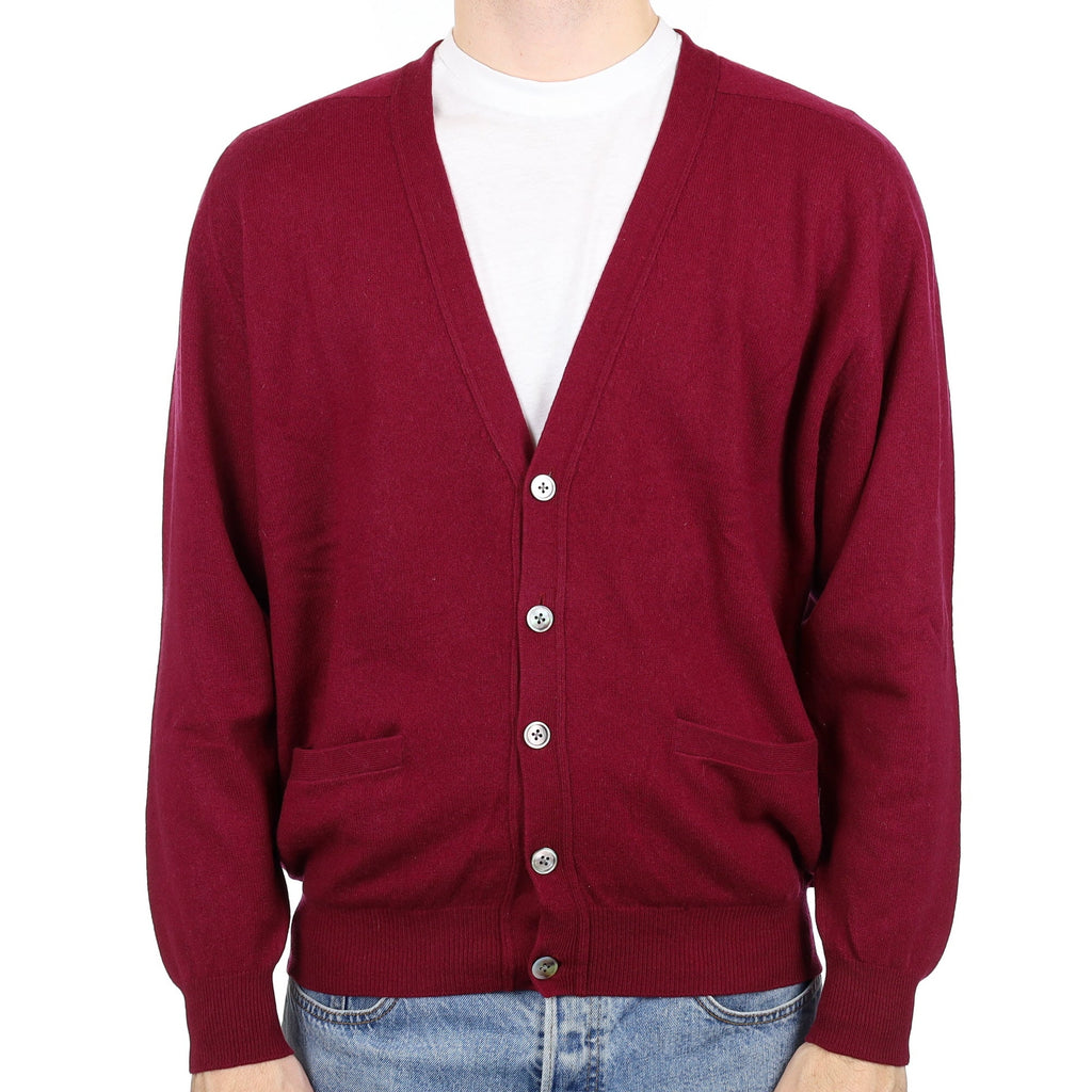 Men's Wine Red Cashmere V Neck Cardigan with Pockets Large