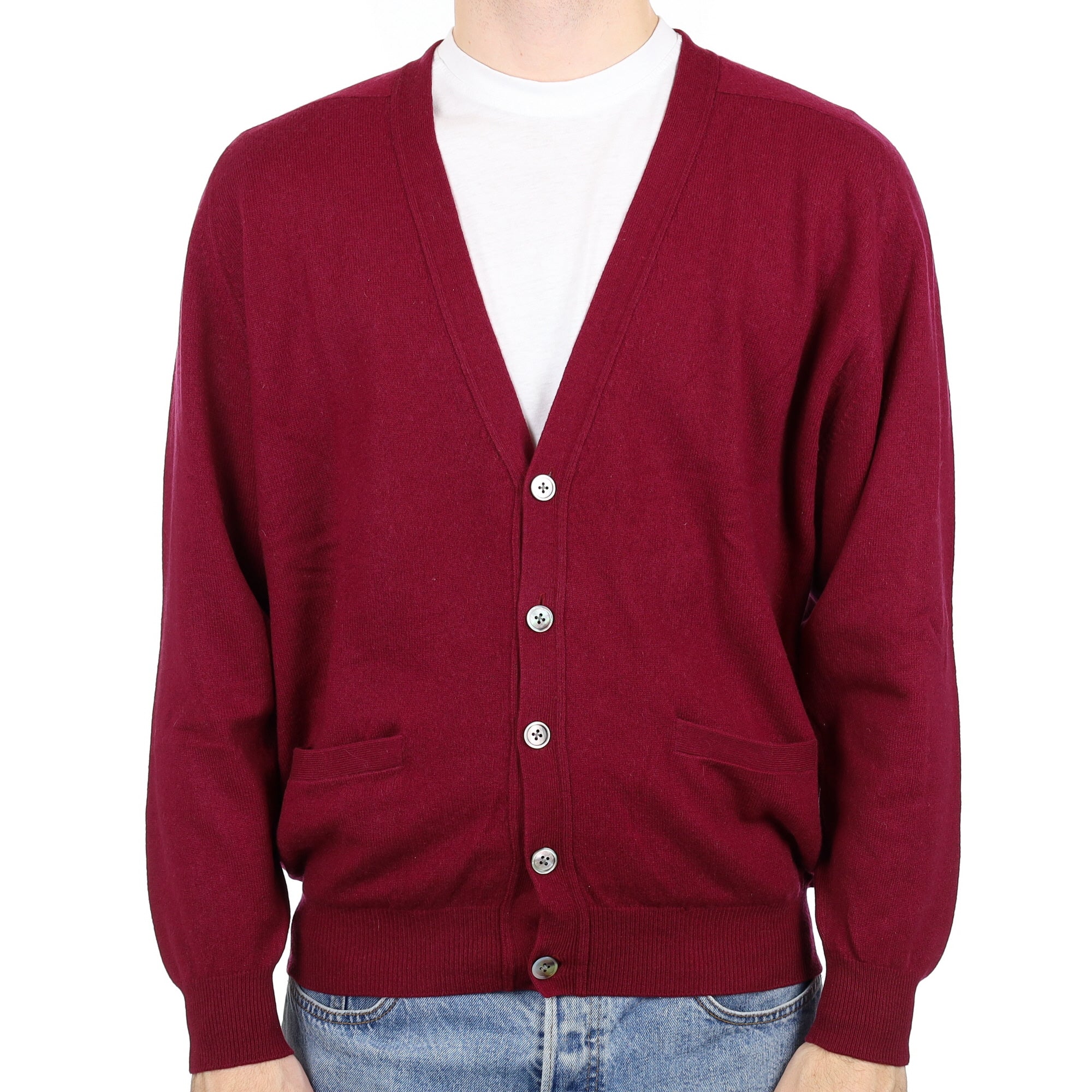 Men's Wine Red Cashmere V Neck Cardigan with Pockets Large
