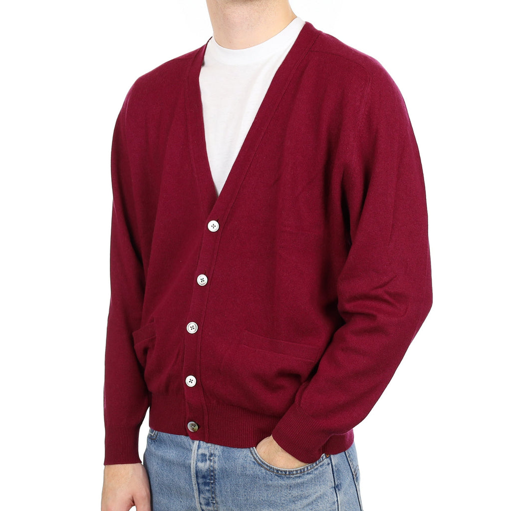 Men's Wine Red Cashmere V Neck Cardigan with Pockets Large