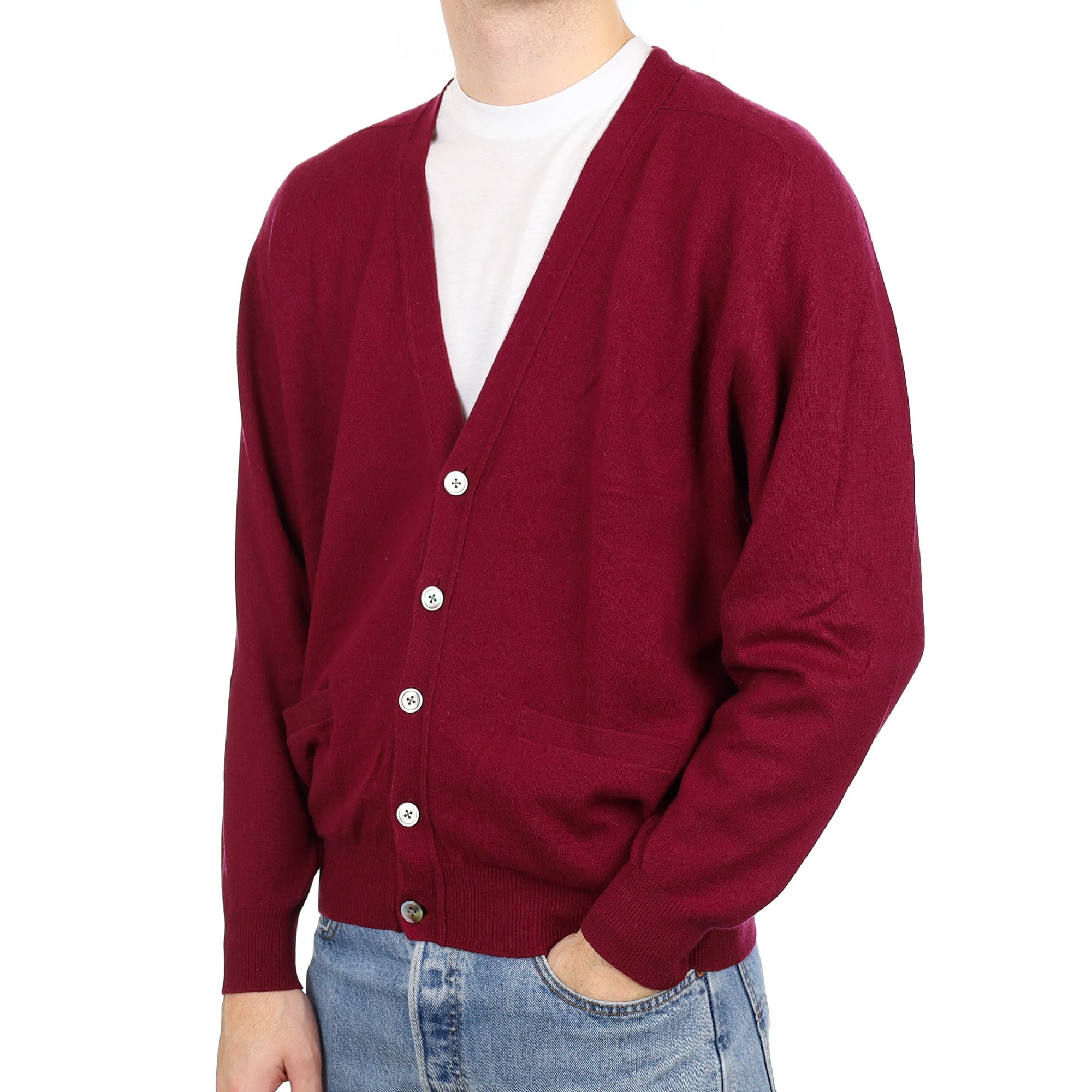 Men's Wine Red Cashmere V Neck Cardigan with Pockets Large