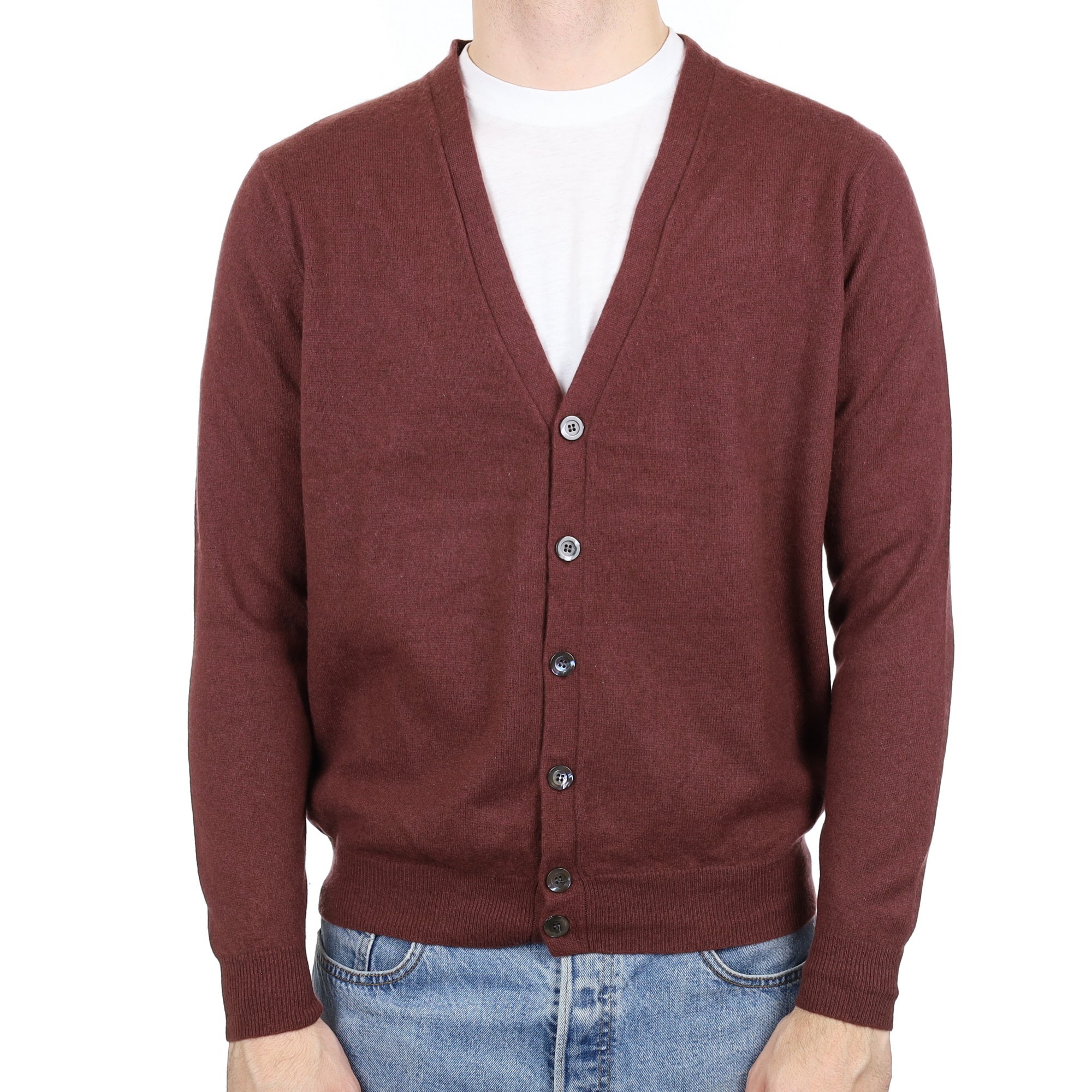 Men's Muted Mulberry Cashmere V Neck Cardigan Large