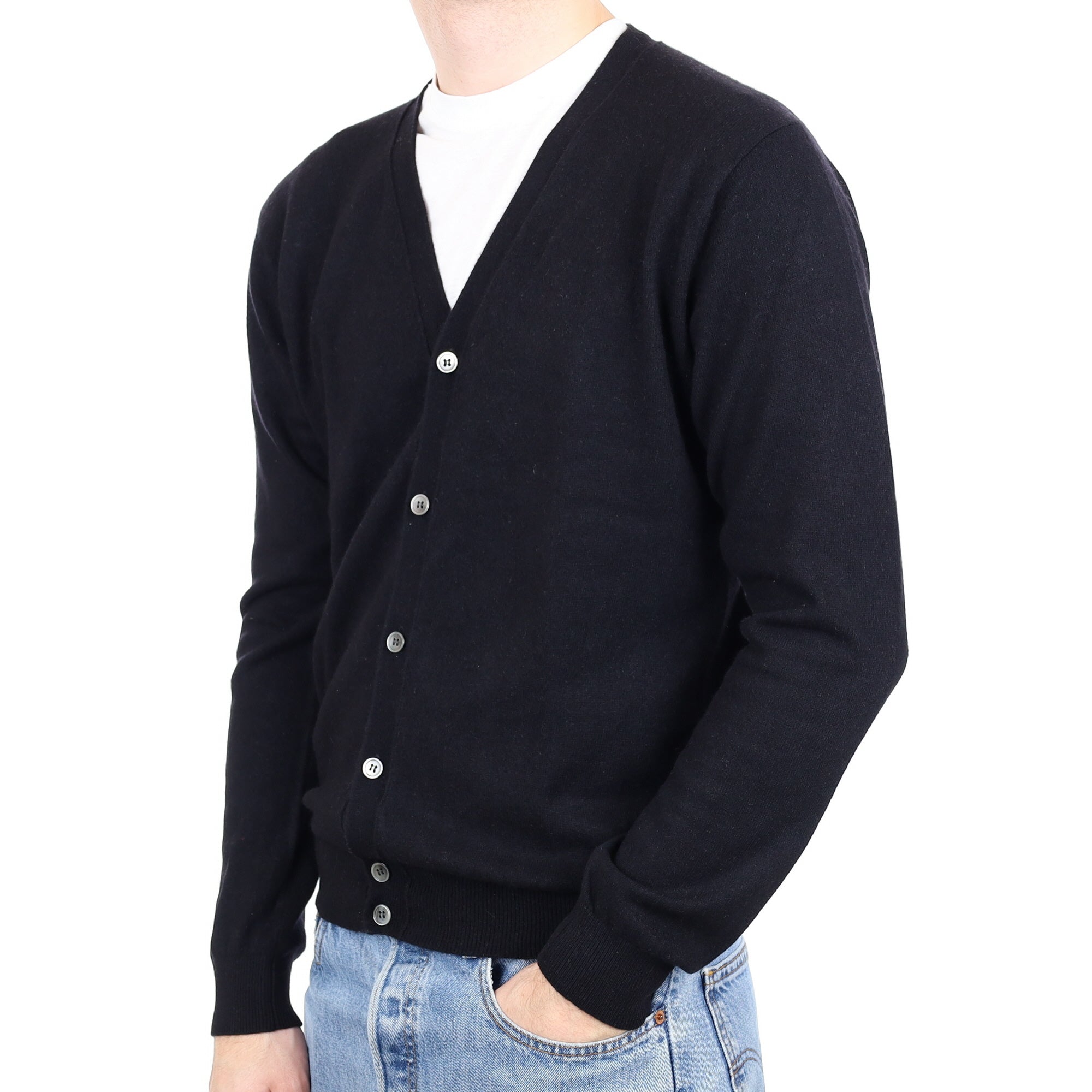 Men's Black Cashmere V Neck Cardigan Large