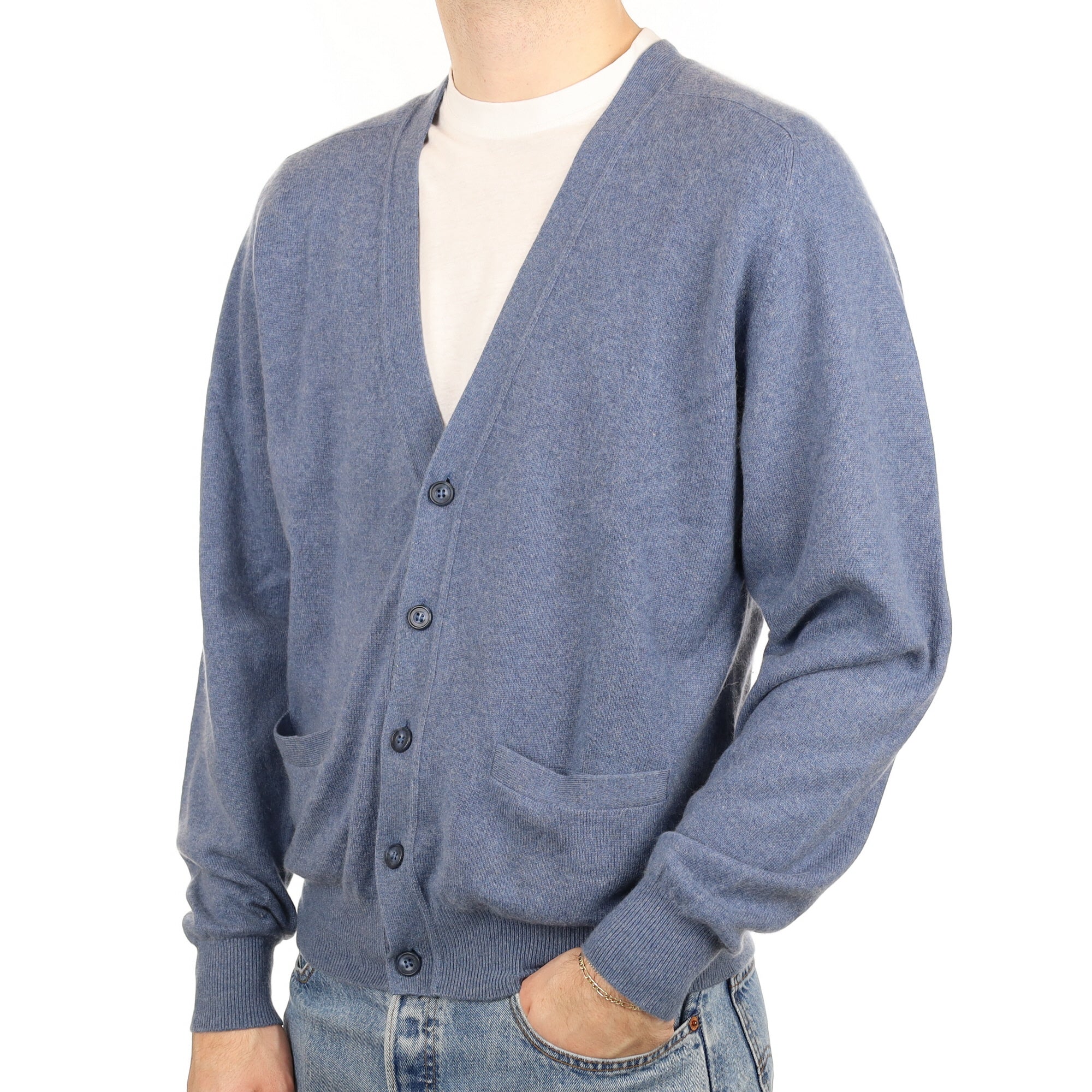 Men's Denim Blue Cashmere V Neck Cardigan with Pockets Large