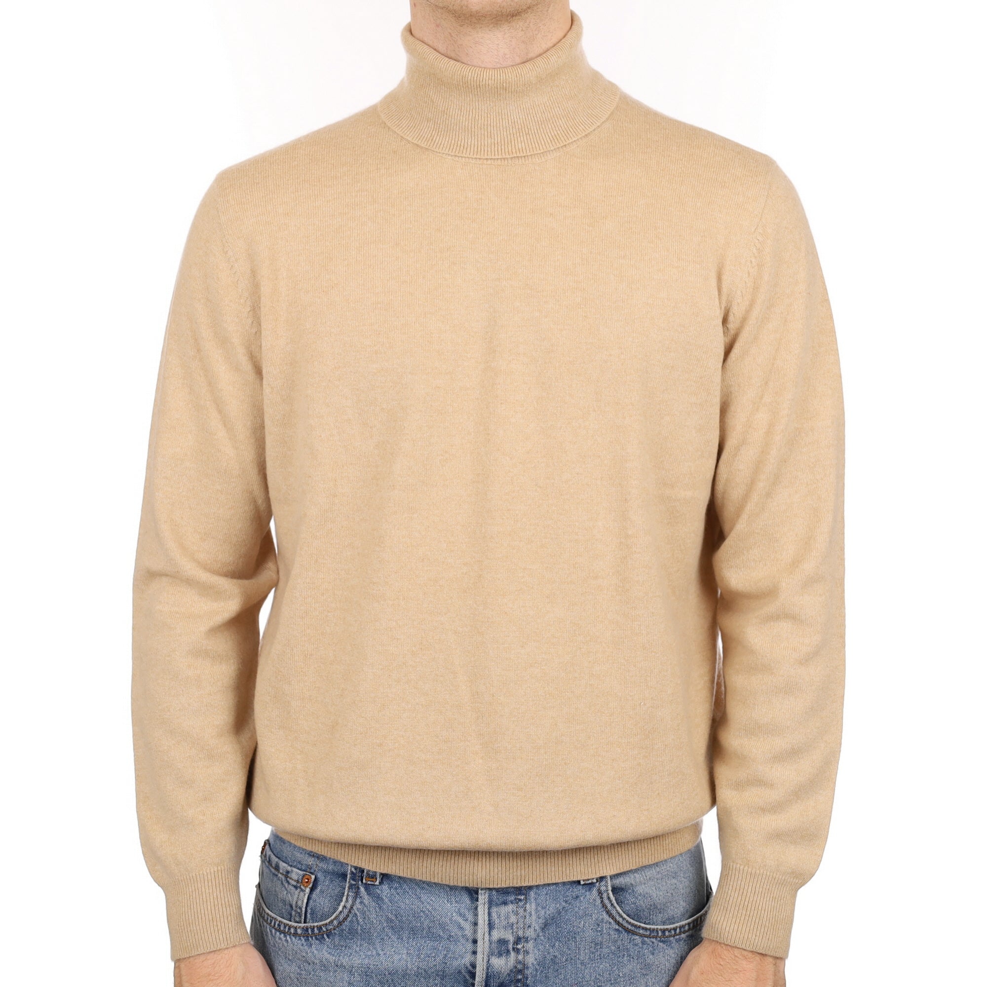 Men's Beige Cashmere Polo Neck Jumper Medium