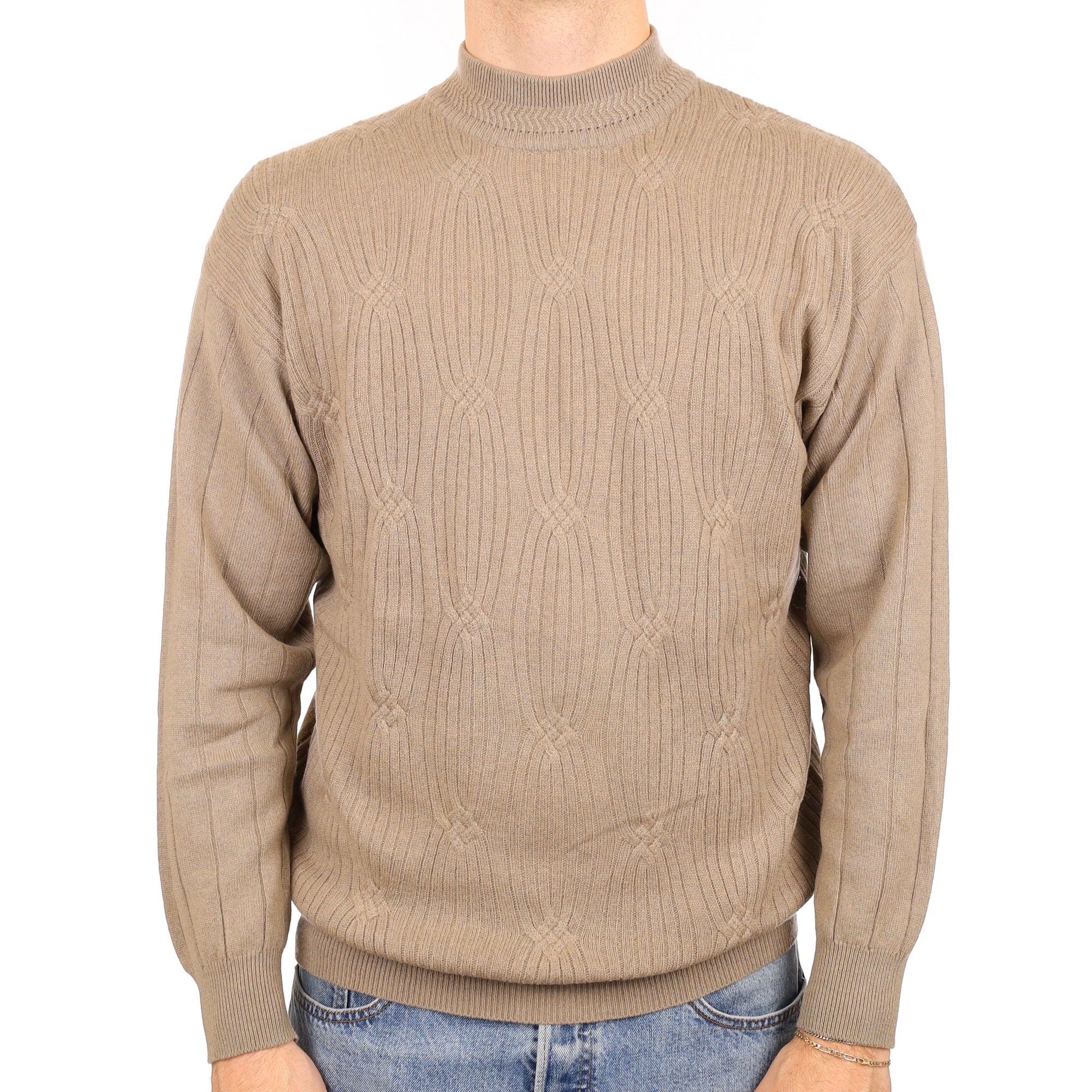 Men's Fawn Textured Cashmere Turtle Neck Jumper Large