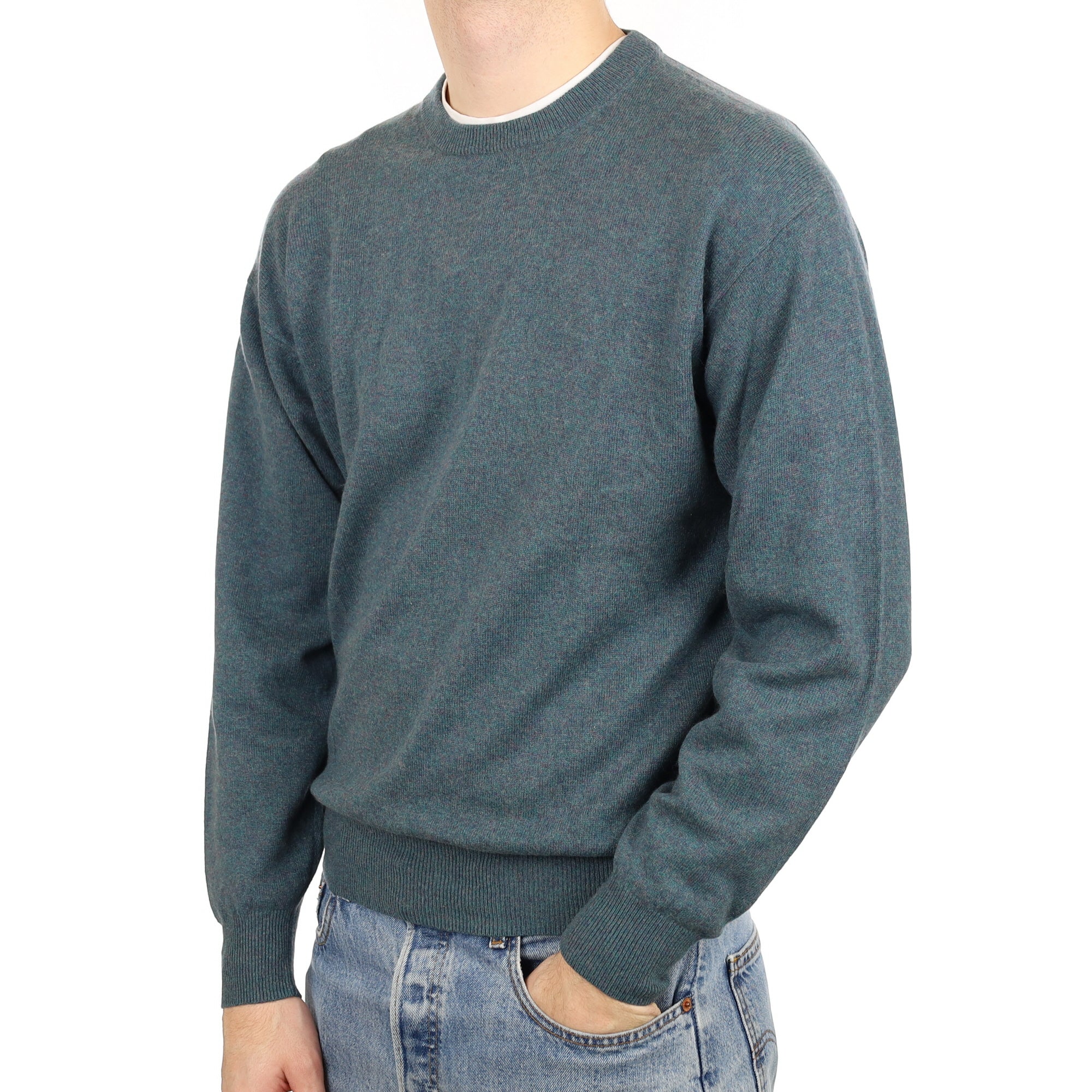 Men's Petrol Blue Marl Cashmere Crew Neck Jumper Large