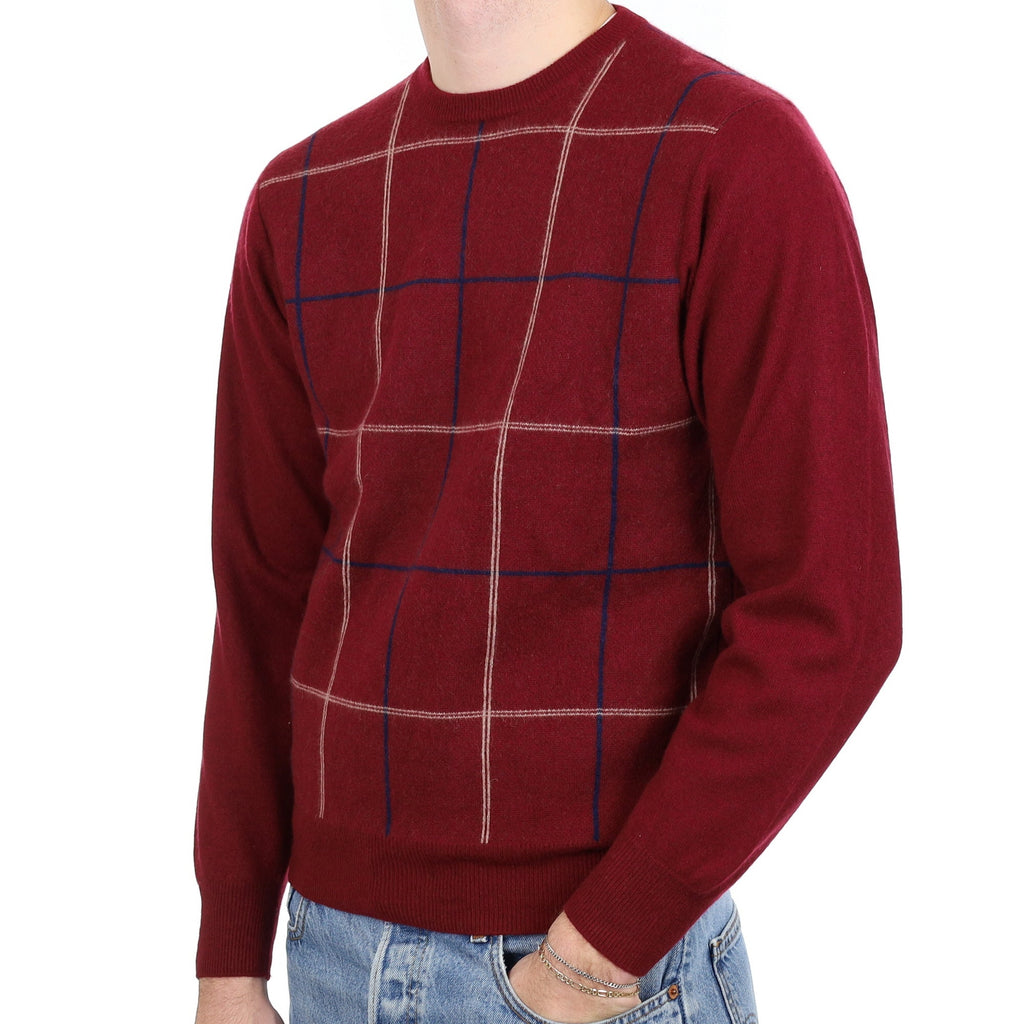 Men's Burgundy Red Patterned Cashmere Crew Neck Jumper Medium