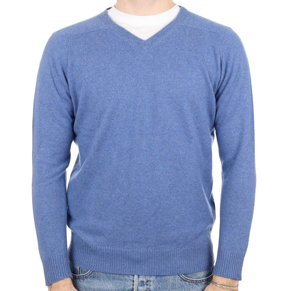 Men's Tanzanite Blue Cashmere V Neck Jumper Medium