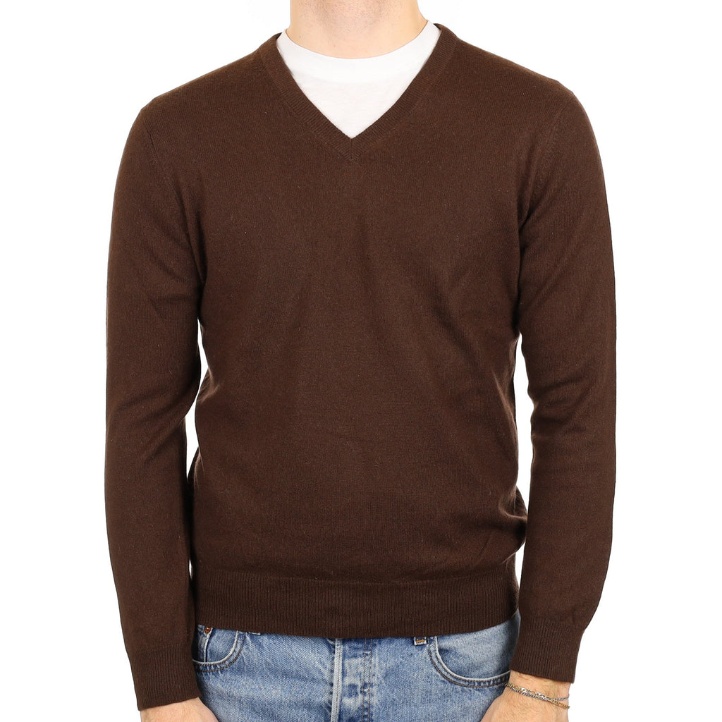 Men's Chocolate Brown Cashmere V Neck Jumper Medium