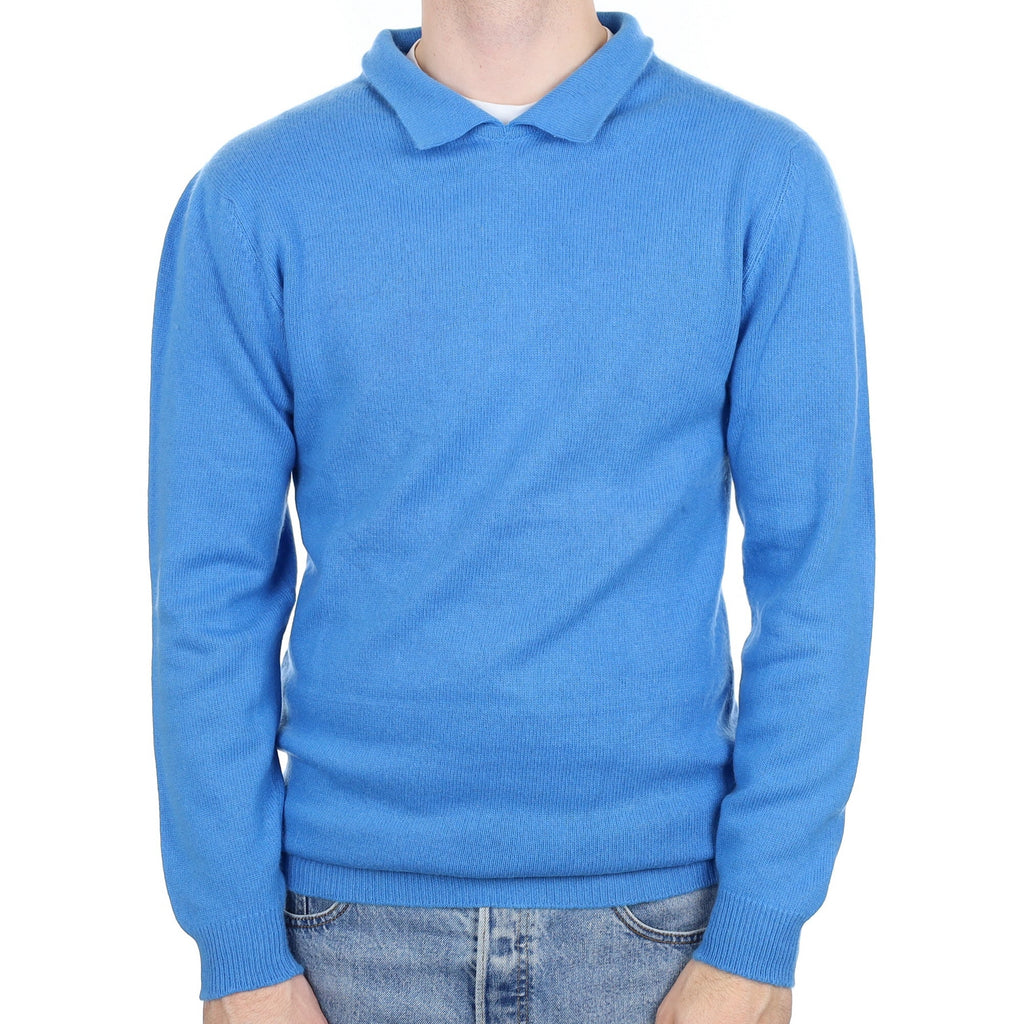Men's Scottish Cornflower Blue Cashmere Collard  V Neck Jumper Medium