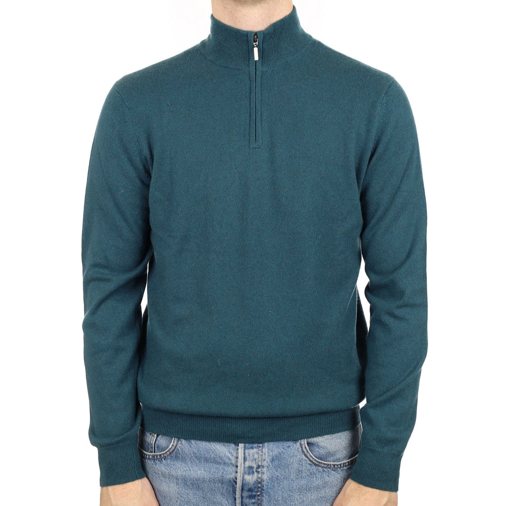 Men's Teal Green Cashmere Quarter Zip Jumper Medium