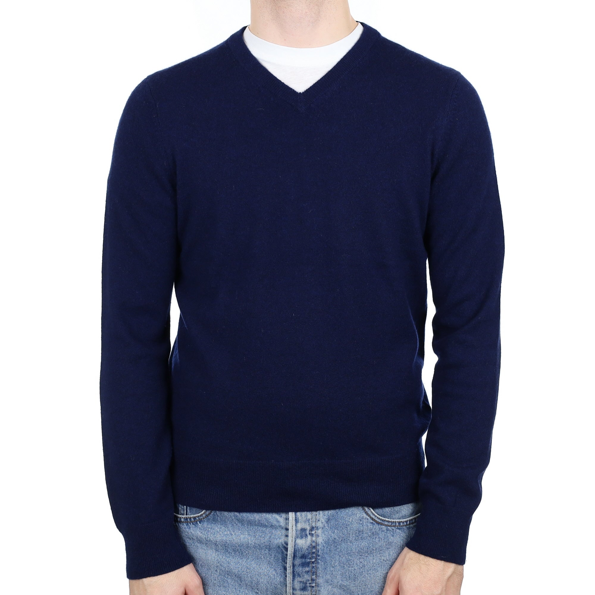 Men's navy Blue Cashmere V Neck Jumper Medium