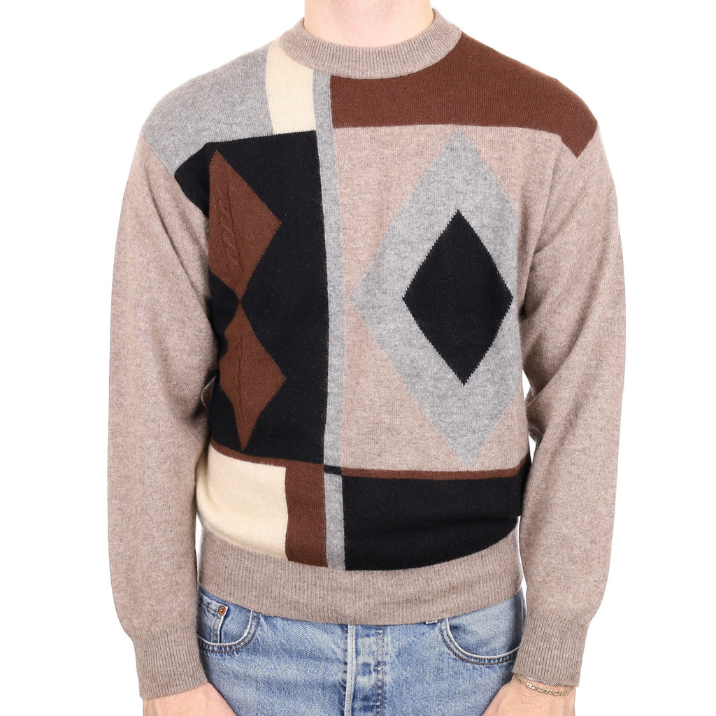 Men's Brown and Grey Pattern Cashmere Crew Neck Jumper Medium