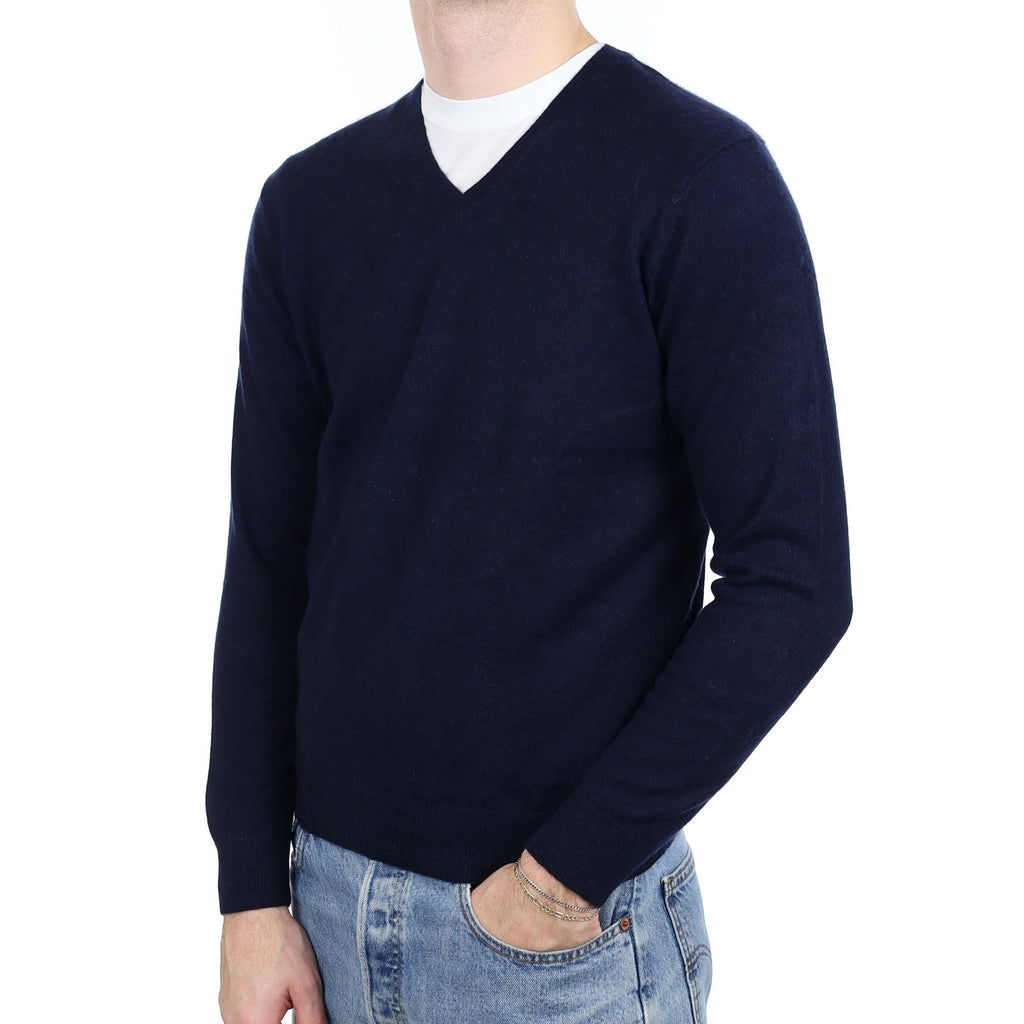 Men's Navy Blue Cashmere V Neck Jumper Medium