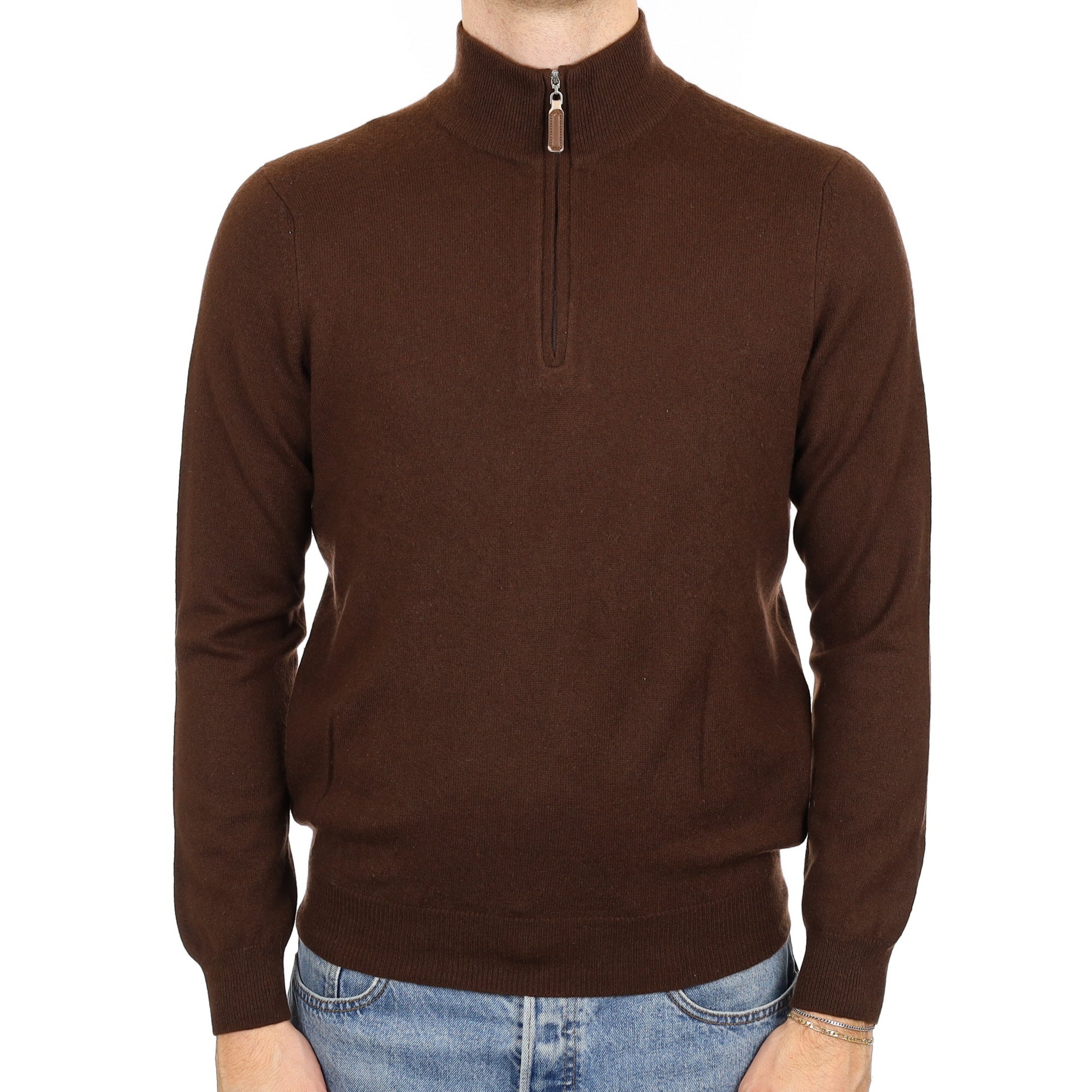 Chocolate Brown Quater Zip Men's Cashmere Jumper Medium