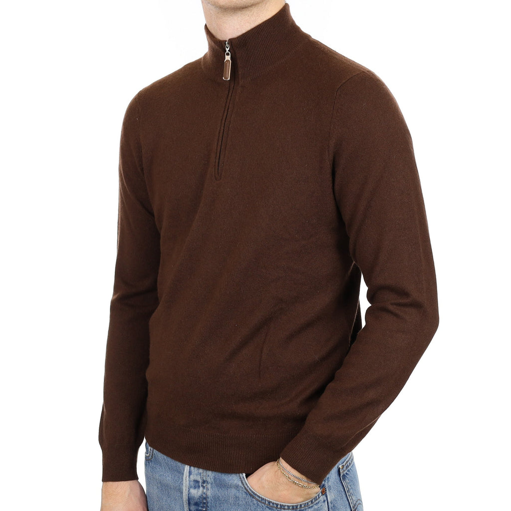 Chocolate Brown Quater Zip Men's Cashmere Jumper Medium