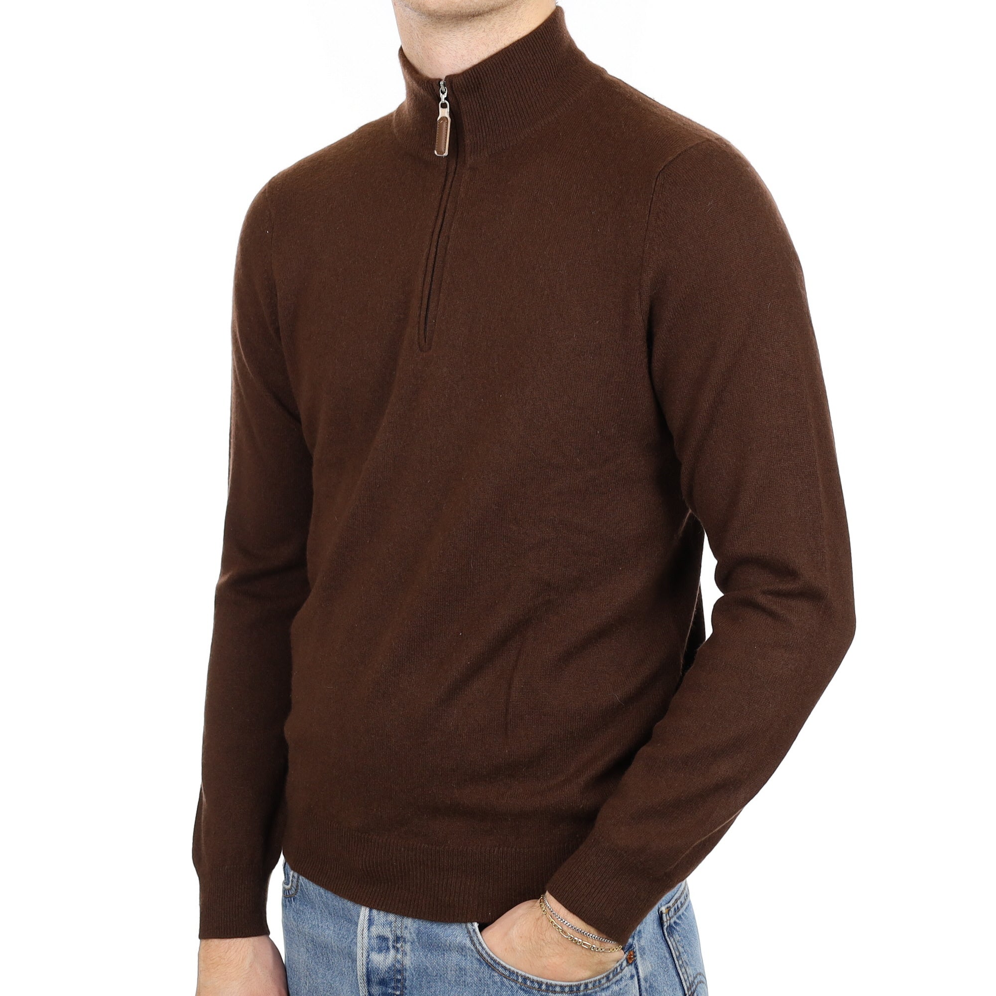 Chocolate Brown Quater Zip Men's Cashmere Jumper Medium