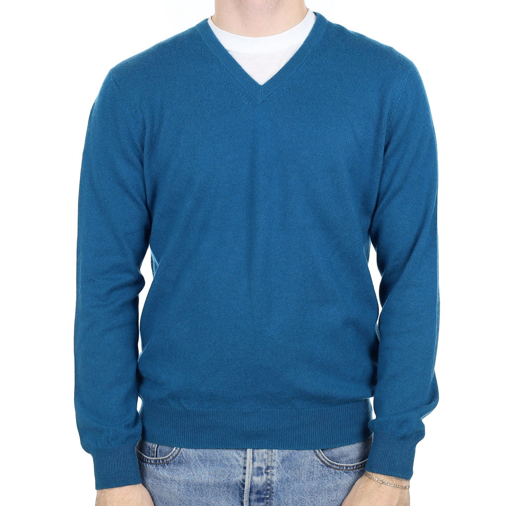 Men's Teal Blue Cashmere V Neck Jumper Large