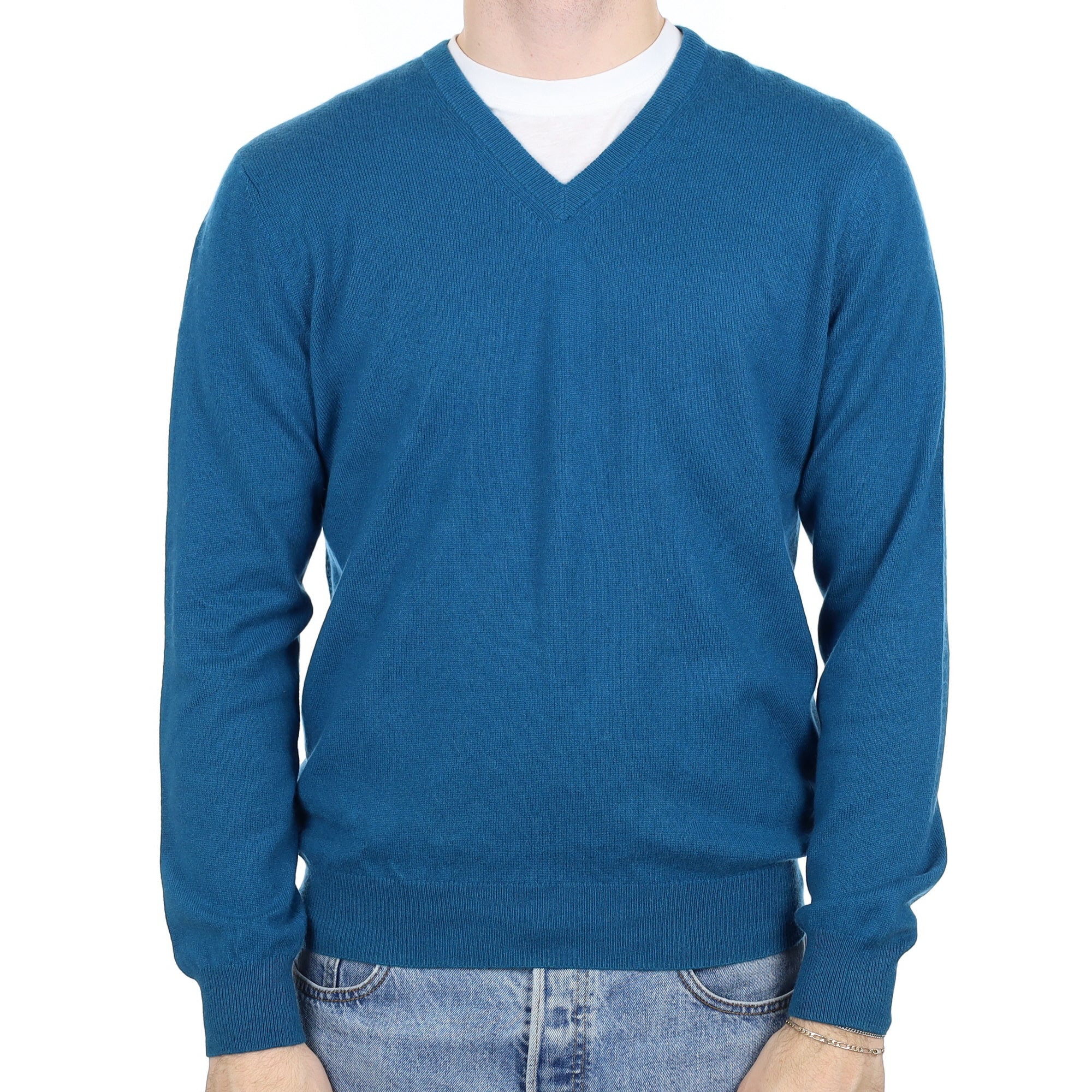 Men's Teal Blue Cashmere V Neck Jumper Large