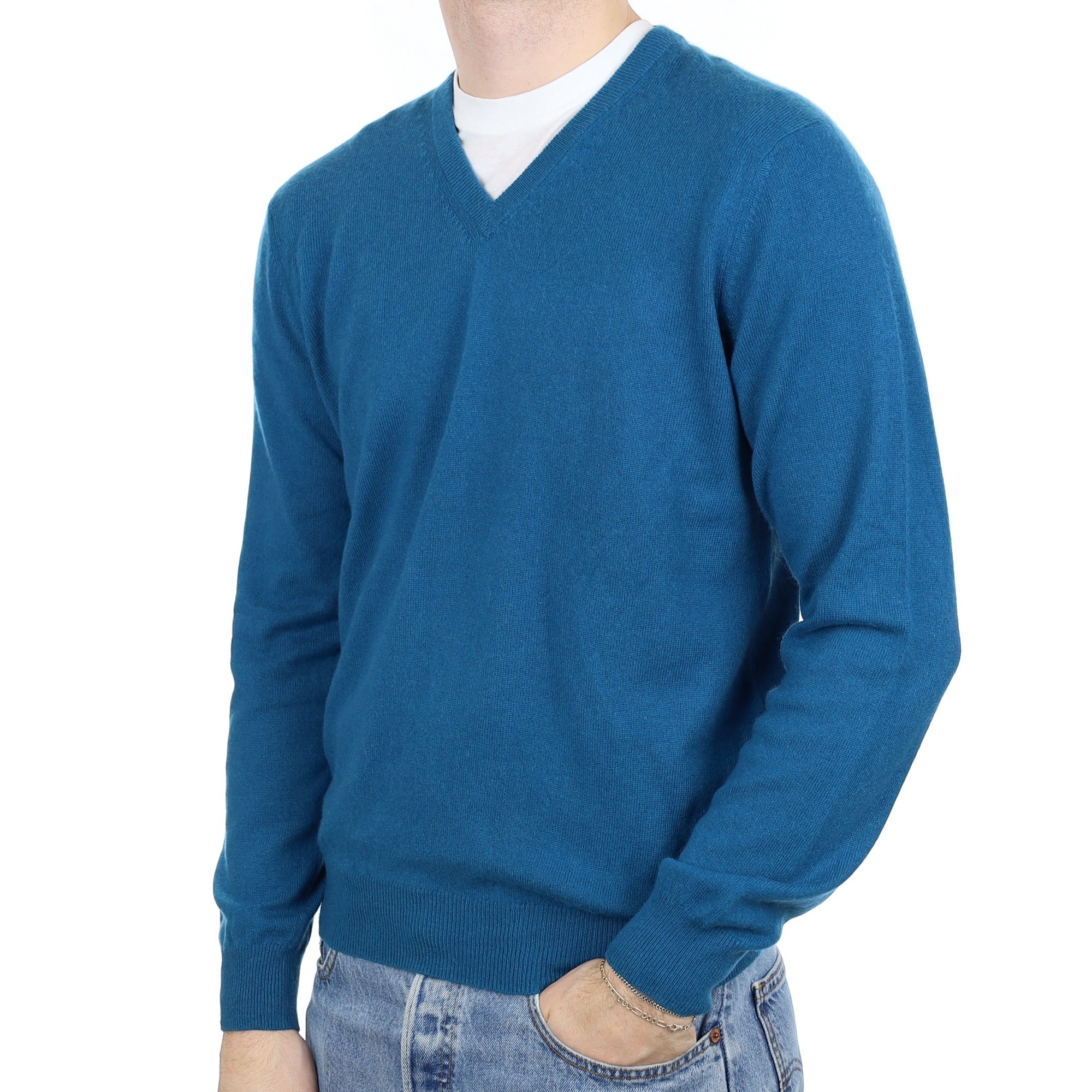 Men's Teal Blue Cashmere V Neck Jumper Large