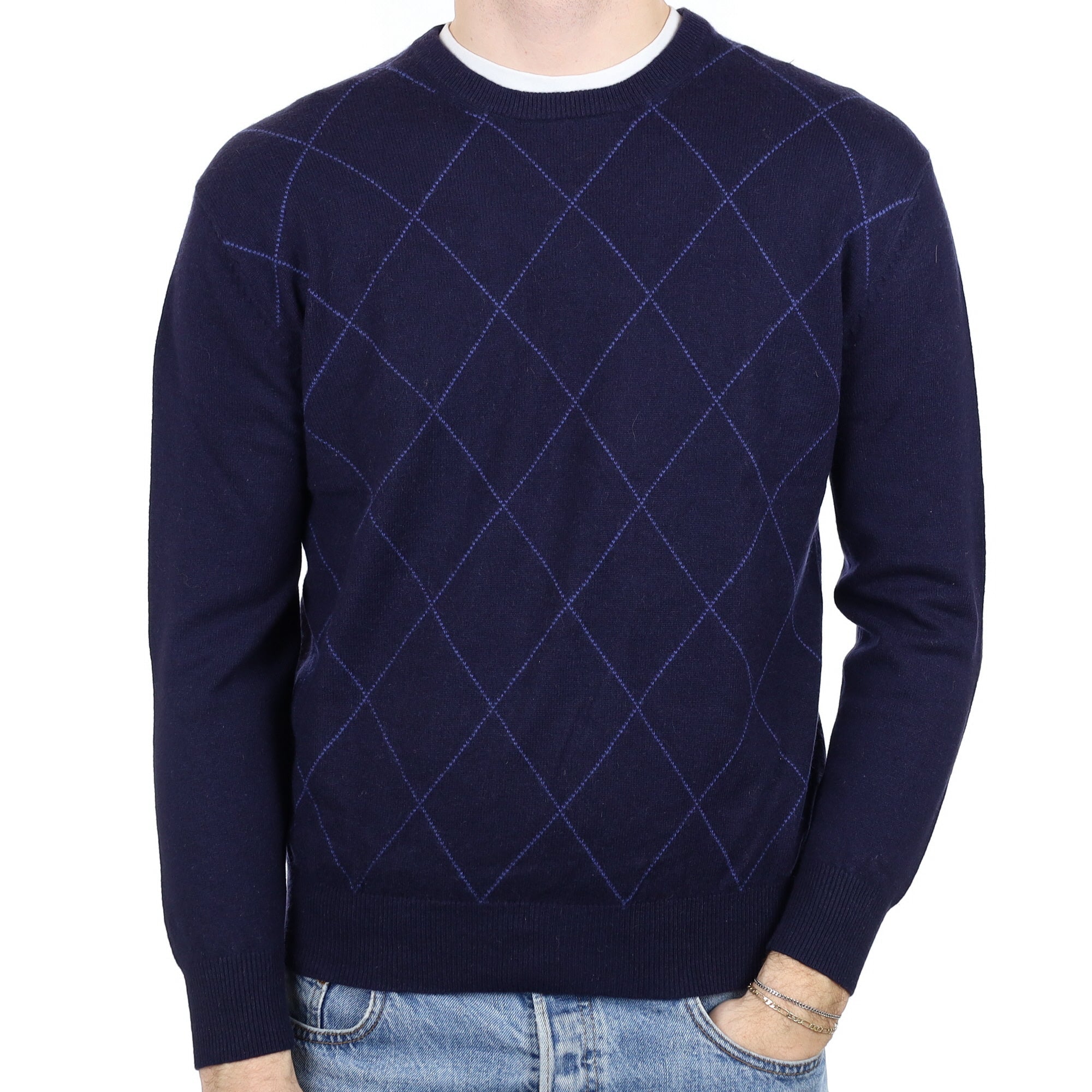 Men’s Navy & Bluebell Diamond Cashmere Crew Neck Jumper Large