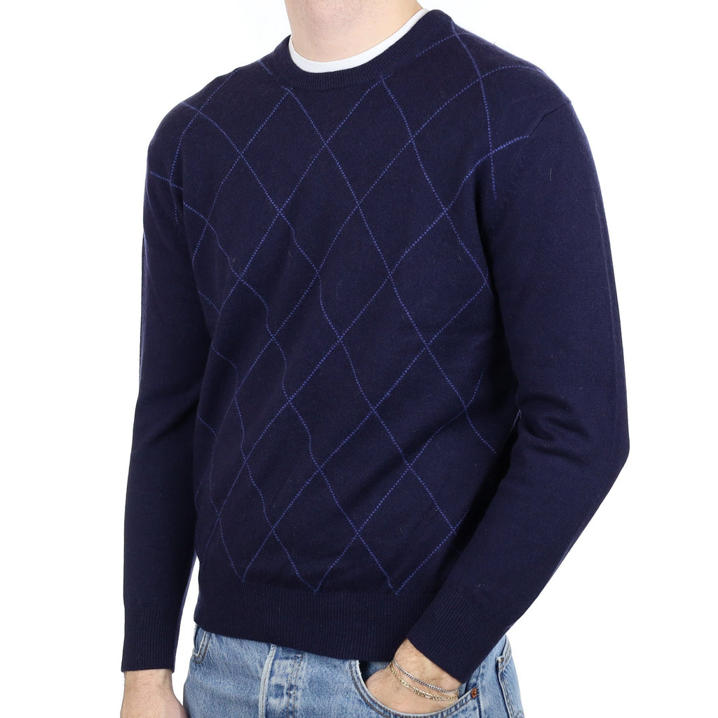 Men’s Navy & Bluebell Diamond Cashmere Crew Neck Jumper Large
