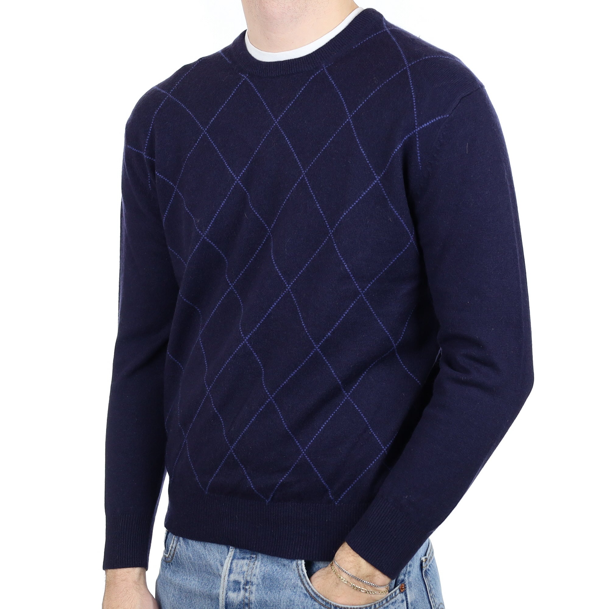 Men’s Navy & Bluebell Diamond Cashmere Crew Neck Jumper Large