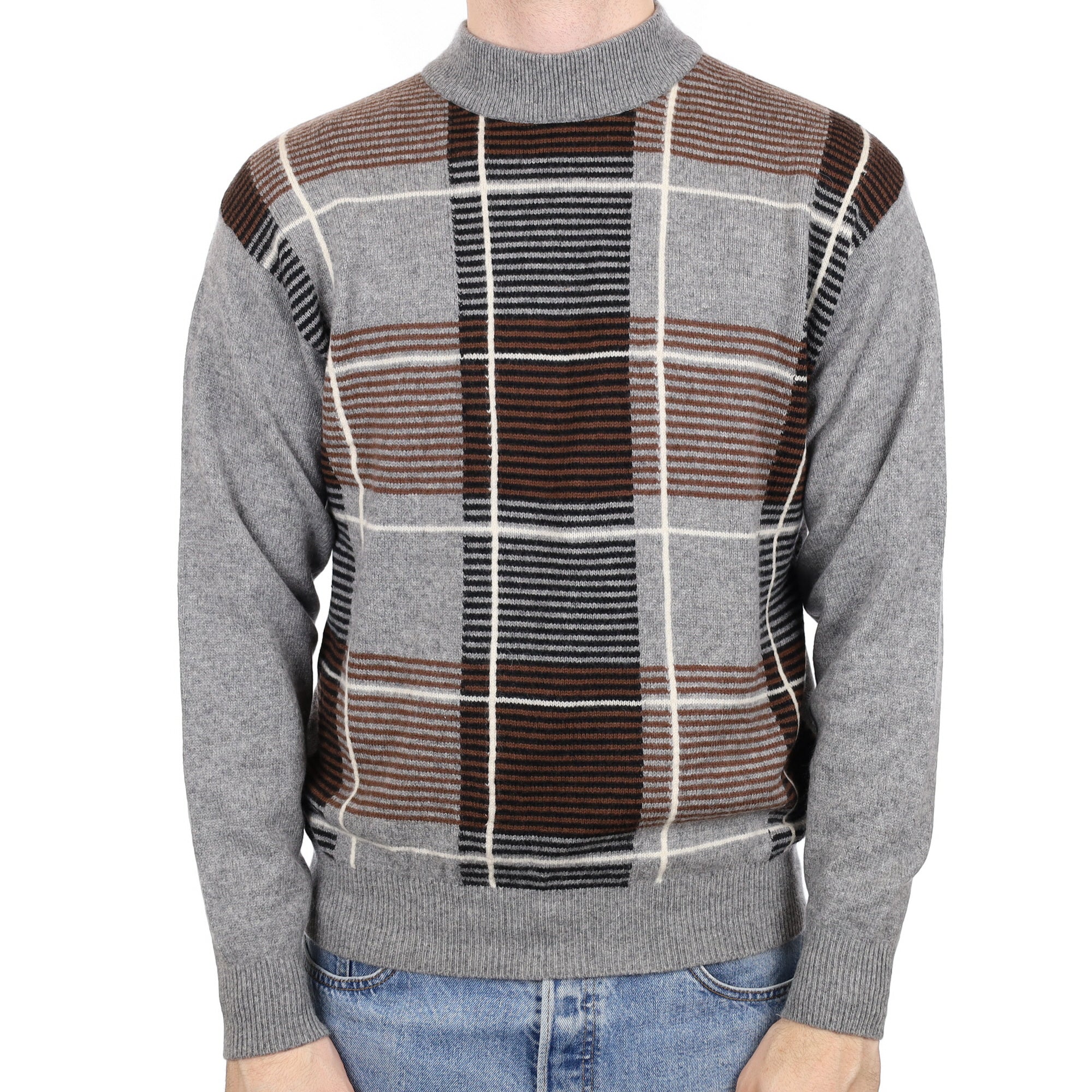 Men’s Ash Grey & Brown Design Cashmere Turtle Neck Jumper Large
