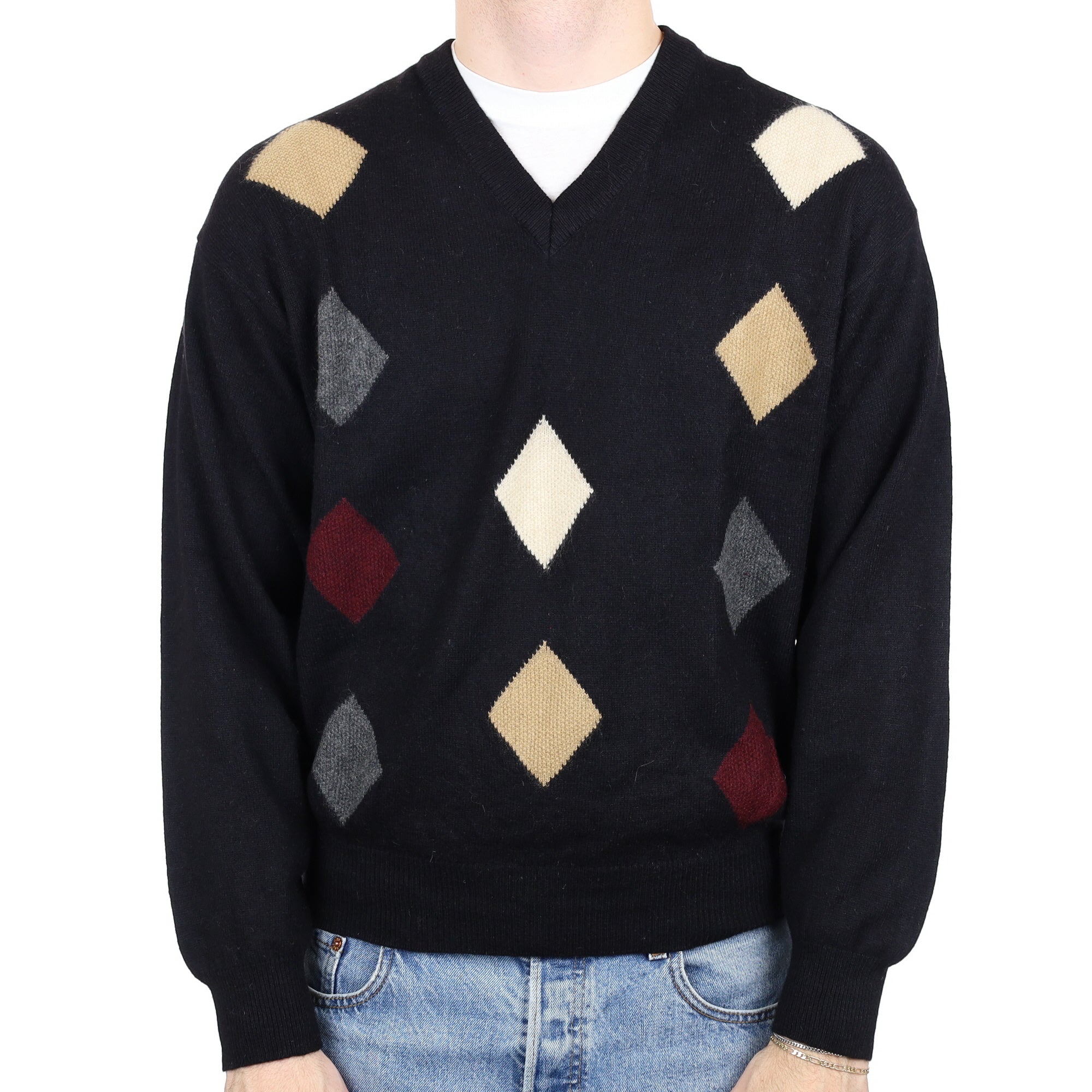 Men’s Black & Diamond Cashmere V Neck Jumper Large