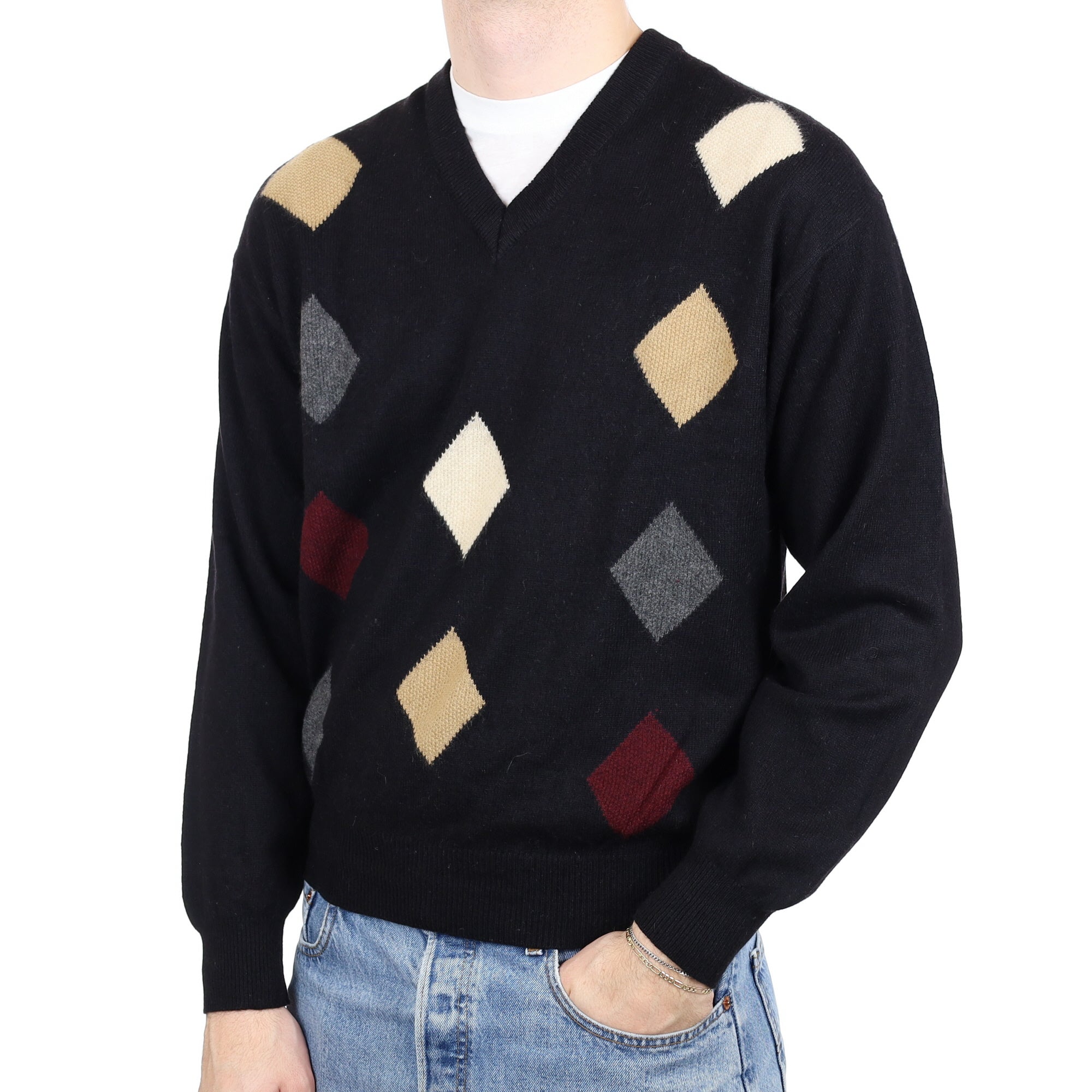 Men’s Black & Diamond Cashmere V Neck Jumper Large