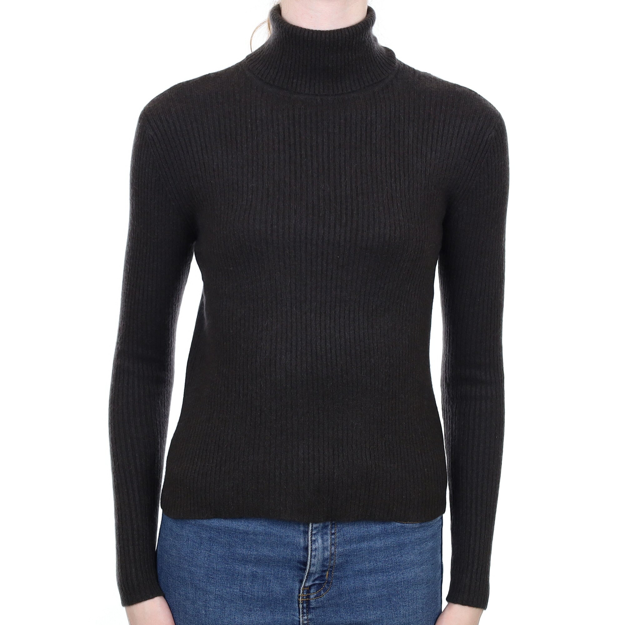 Chocolate Brown Ribbed Cashmere Polo Neck Jumper Extra Small