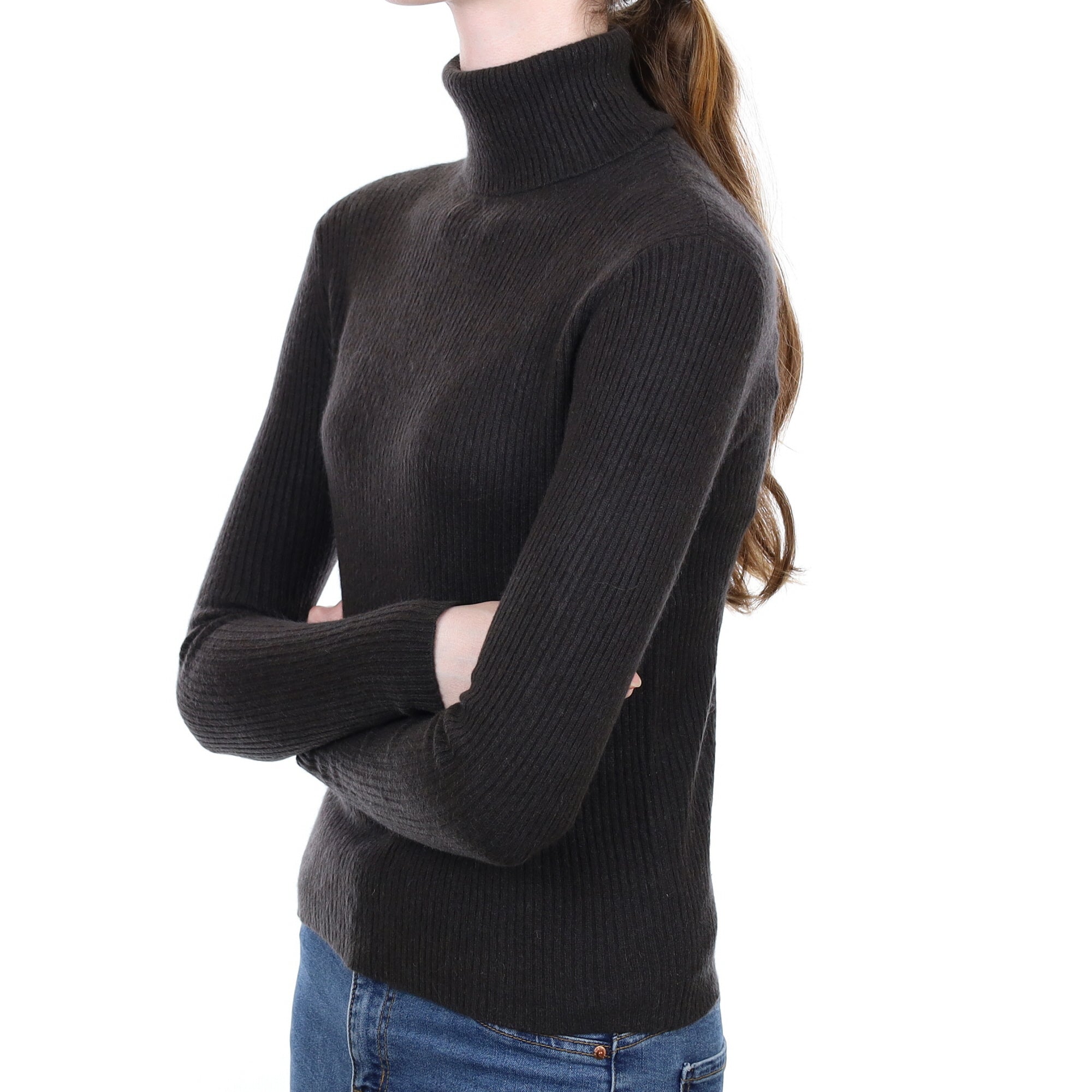 Chocolate Brown Ribbed Cashmere Polo Neck Jumper Extra Small