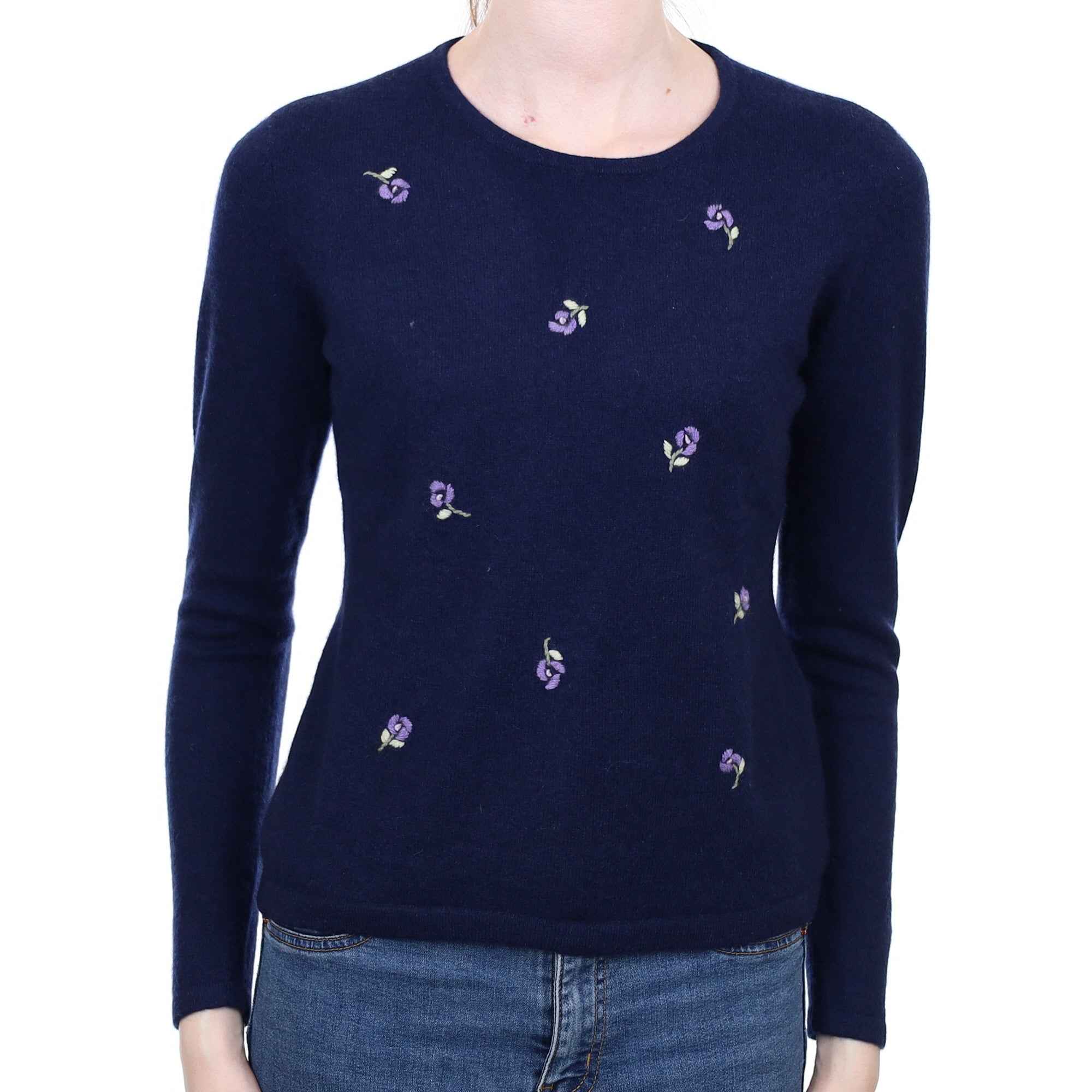 Navy Floral Cashmere Crew Neck Jumper Extra Small