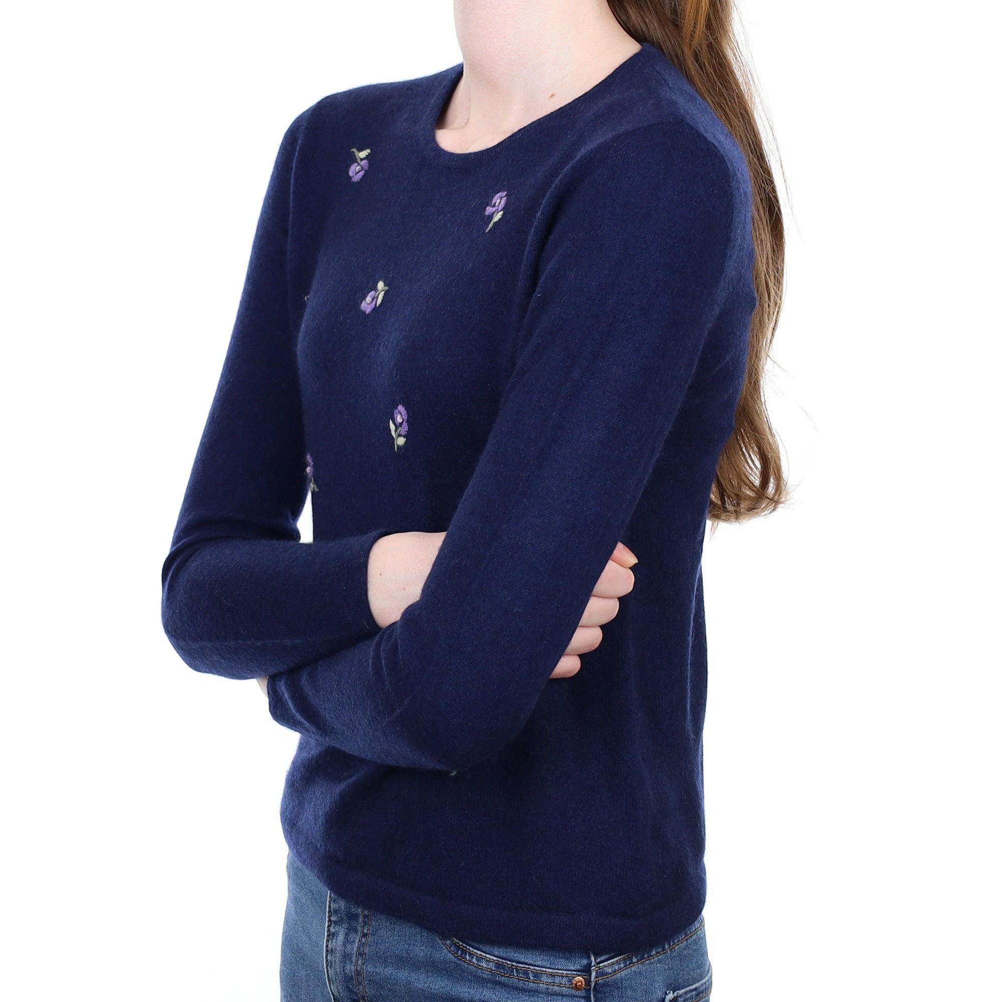 Navy Floral Cashmere Crew Neck Jumper Extra Small