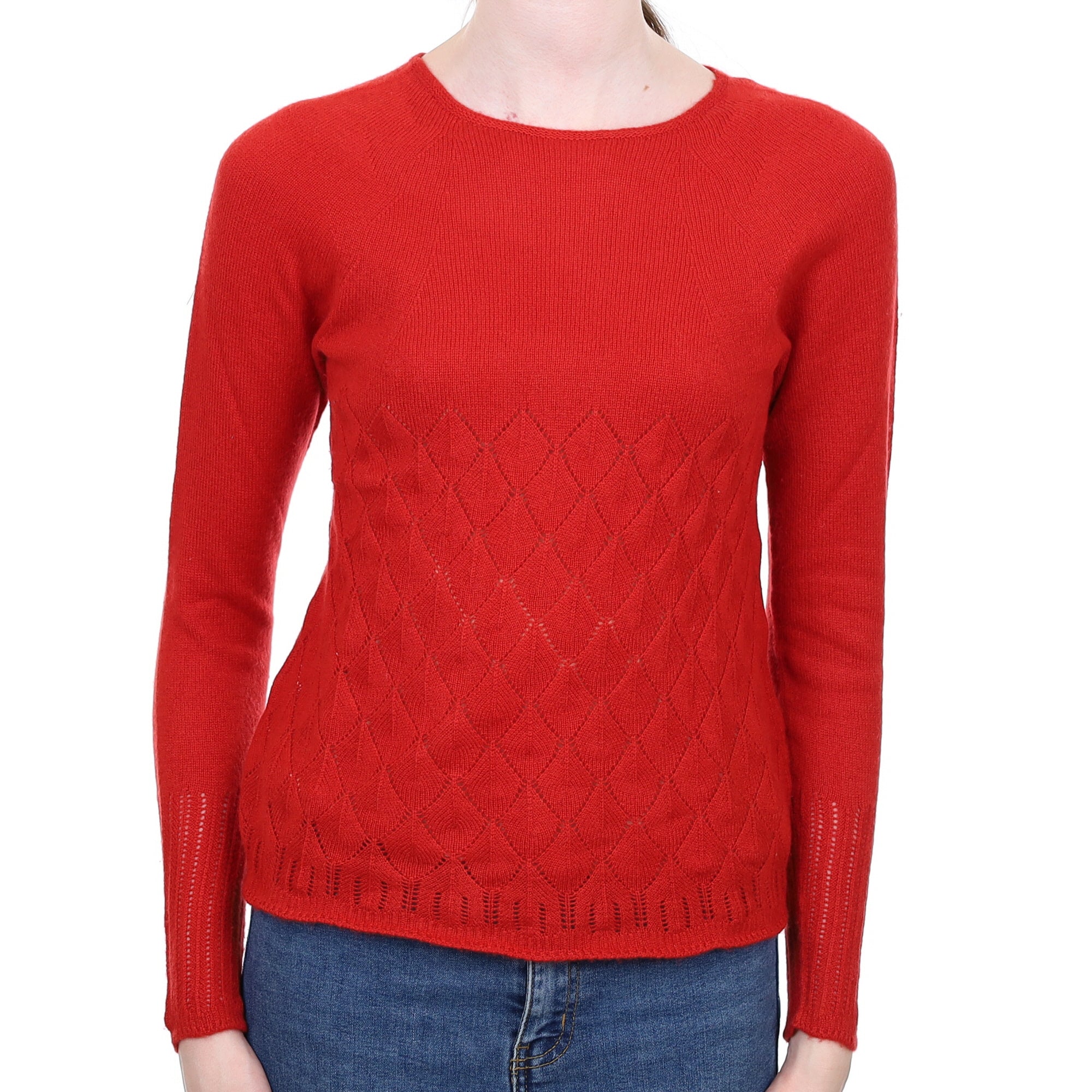 Spanish Red Lace Knit Cashmere Crew Neck Jumper Extra Small