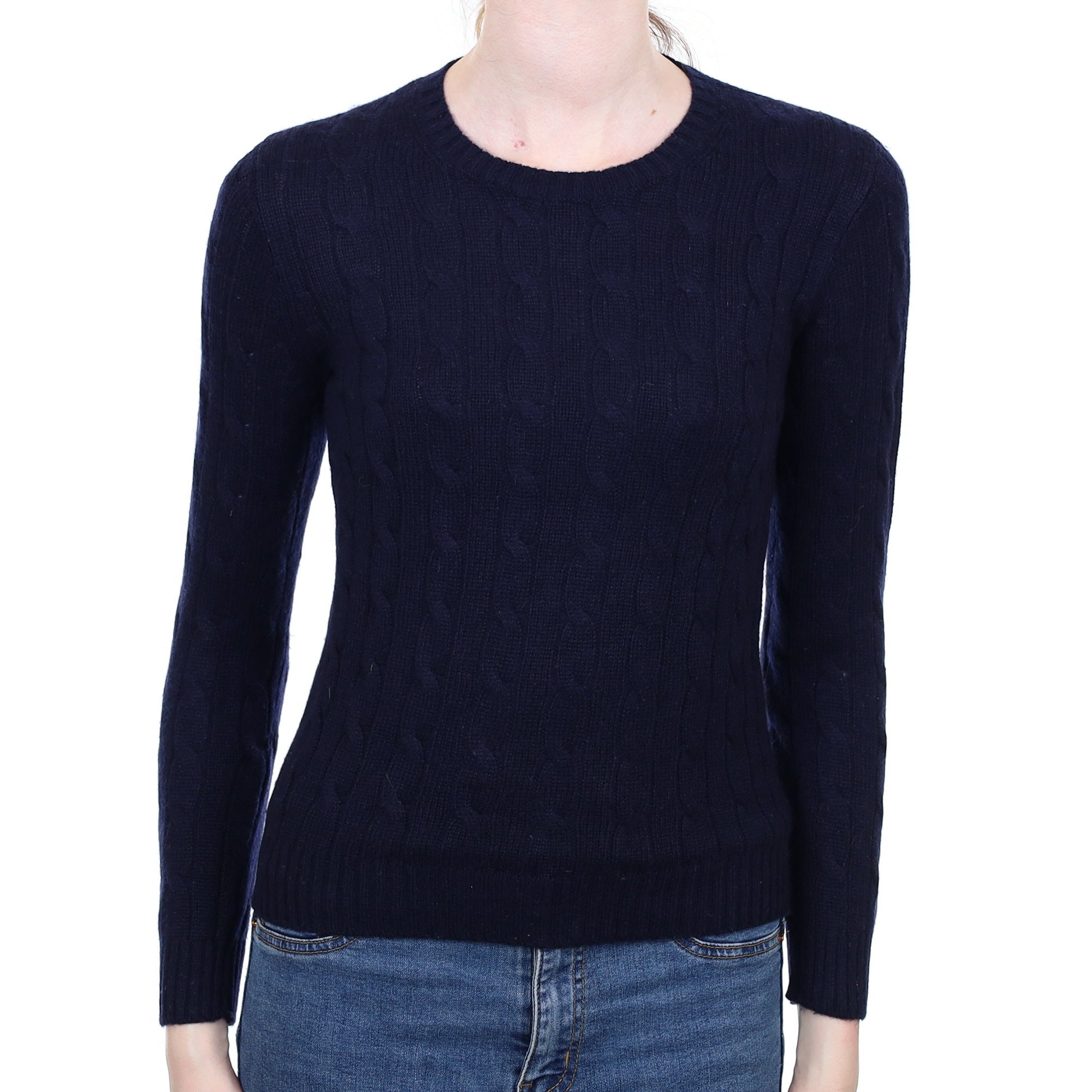 Navy Blue Cable Cashmere Crew Neck Jumper Extra Small