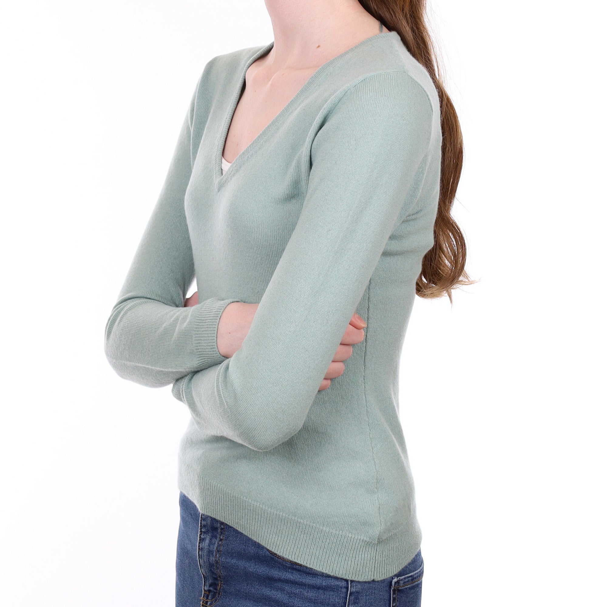 Duck Egg Green Cashmere V Neck Jumper Extra Small