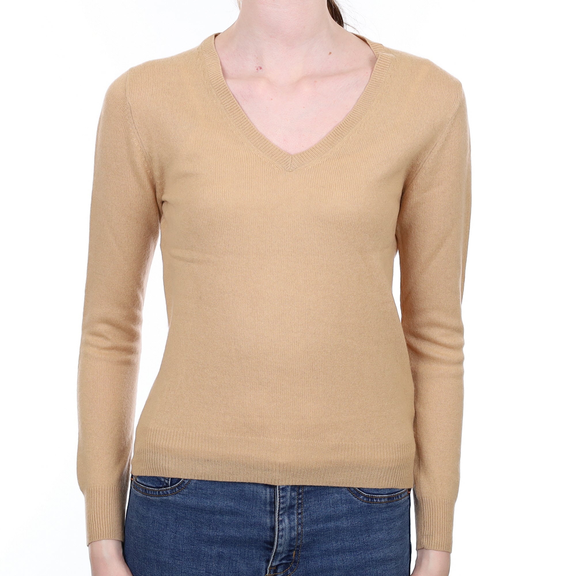 Camel Brown Cashmere V Neck Jumper Extra Small
