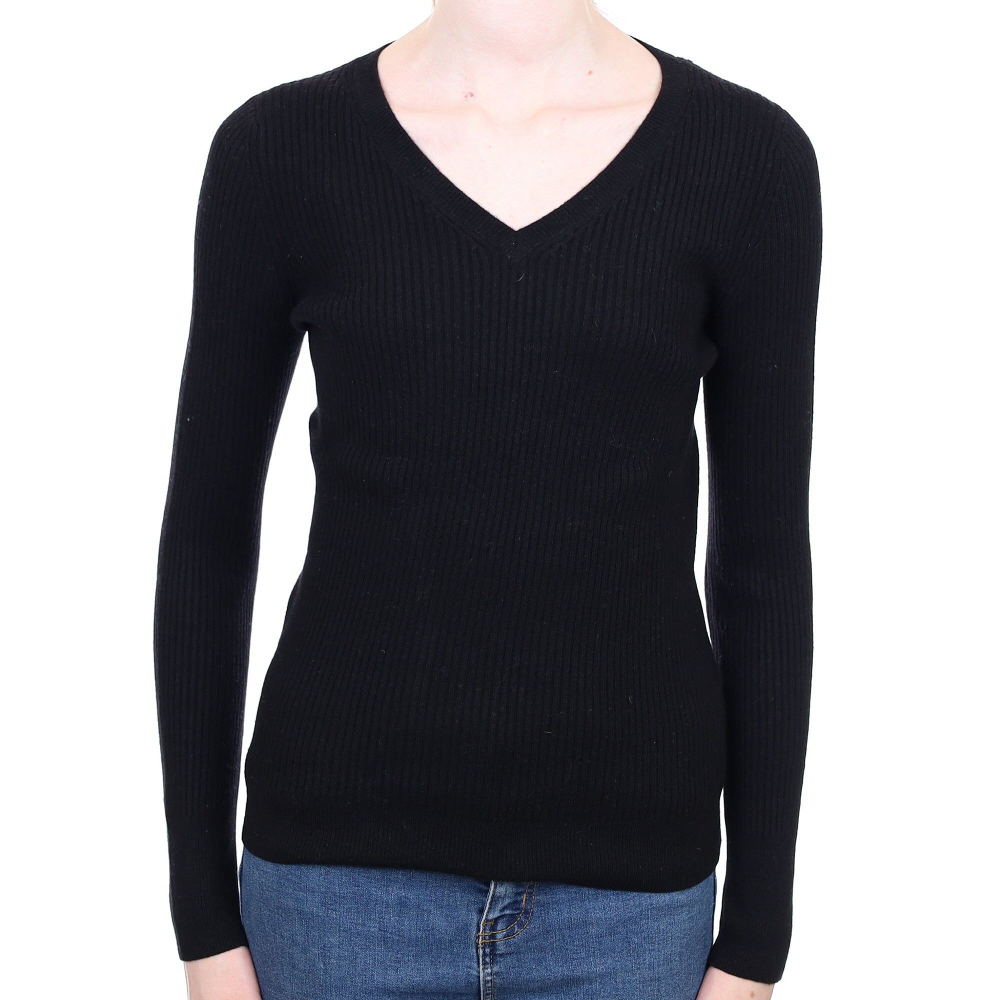 Black Ribbed Cashmere V Neck Jumper Extra Small
