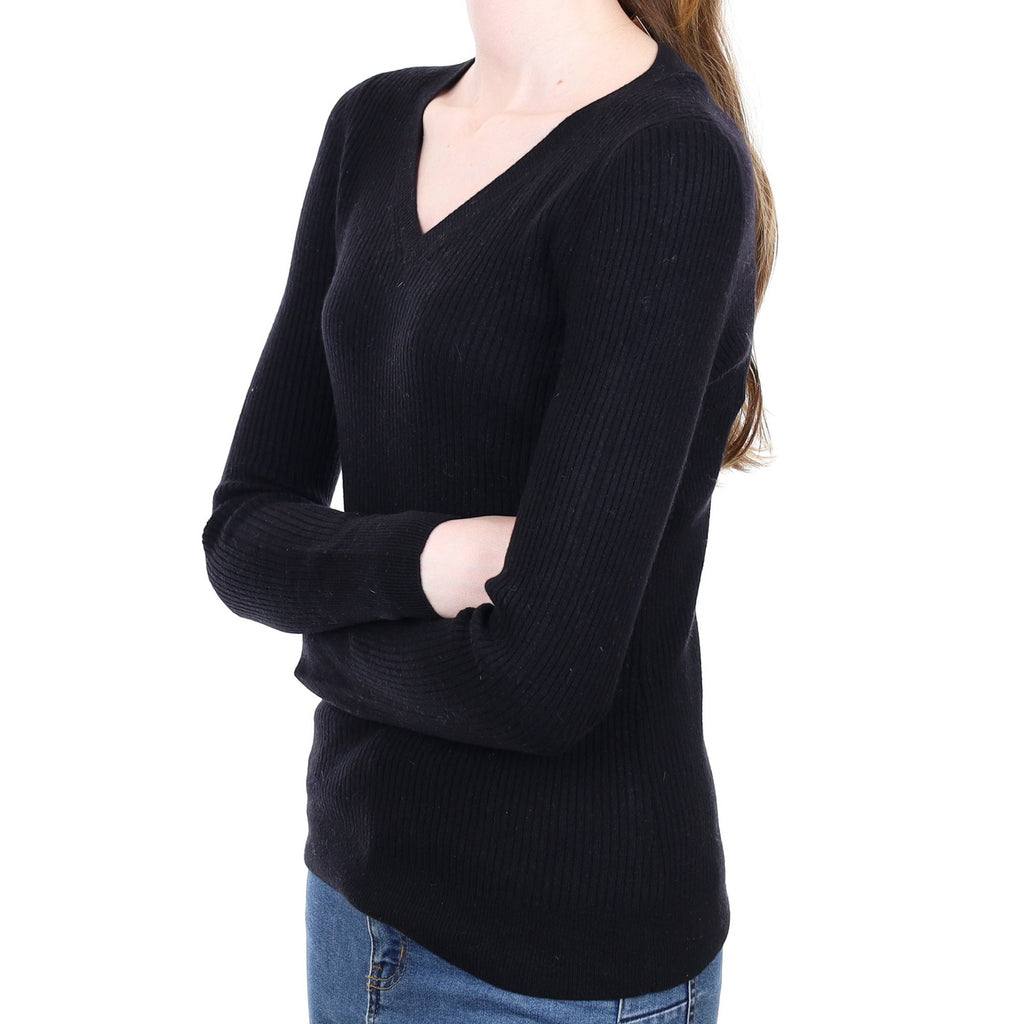 Black Ribbed Cashmere V Neck Jumper Extra Small
