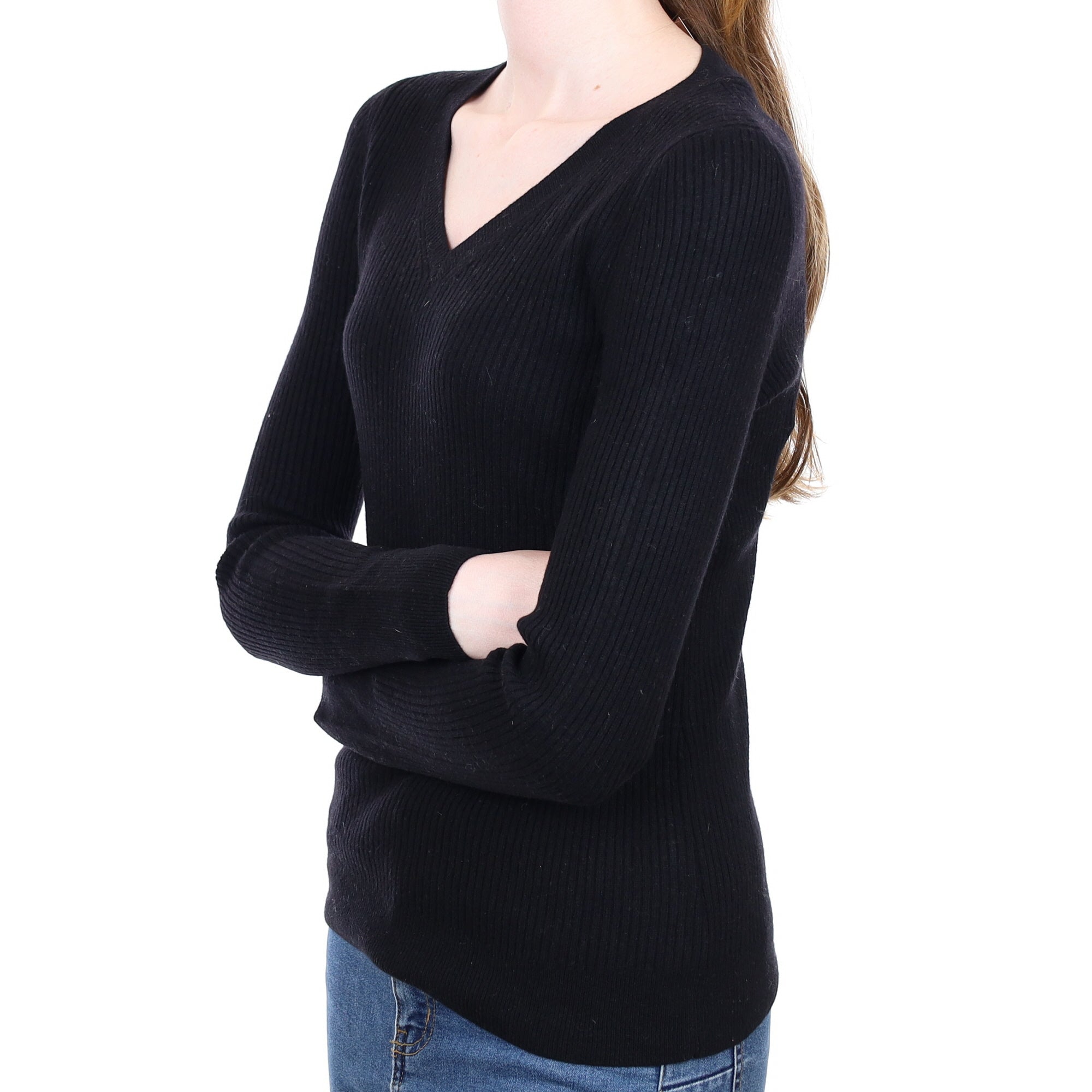 Black Ribbed Cashmere V Neck Jumper Extra Small